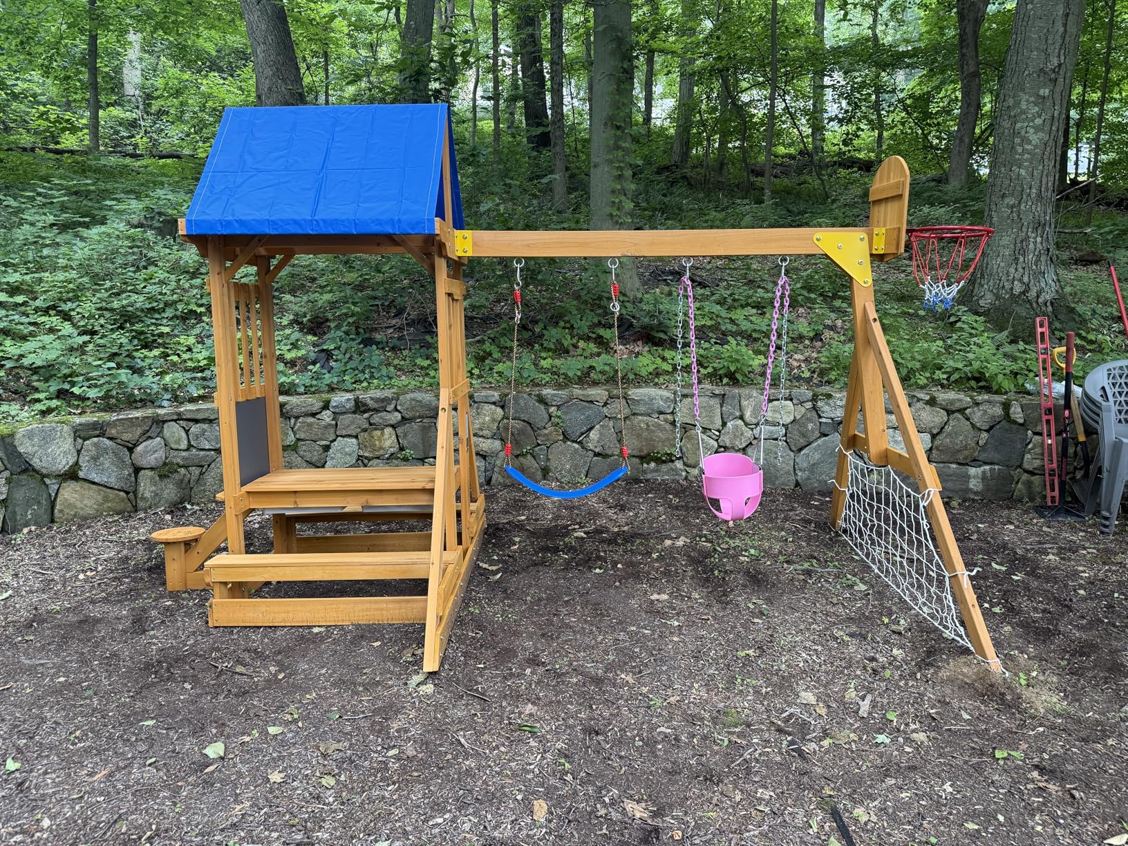 6-in-1 Wooden Playground Playsets for Backyards, Outdoor Swing Sets for Kids Ages 3-6, Little Playground Set with Picnic Table, Drawing Board, Sandbox, Swings, Basketball Hoop & Soccer Net customer photo 1