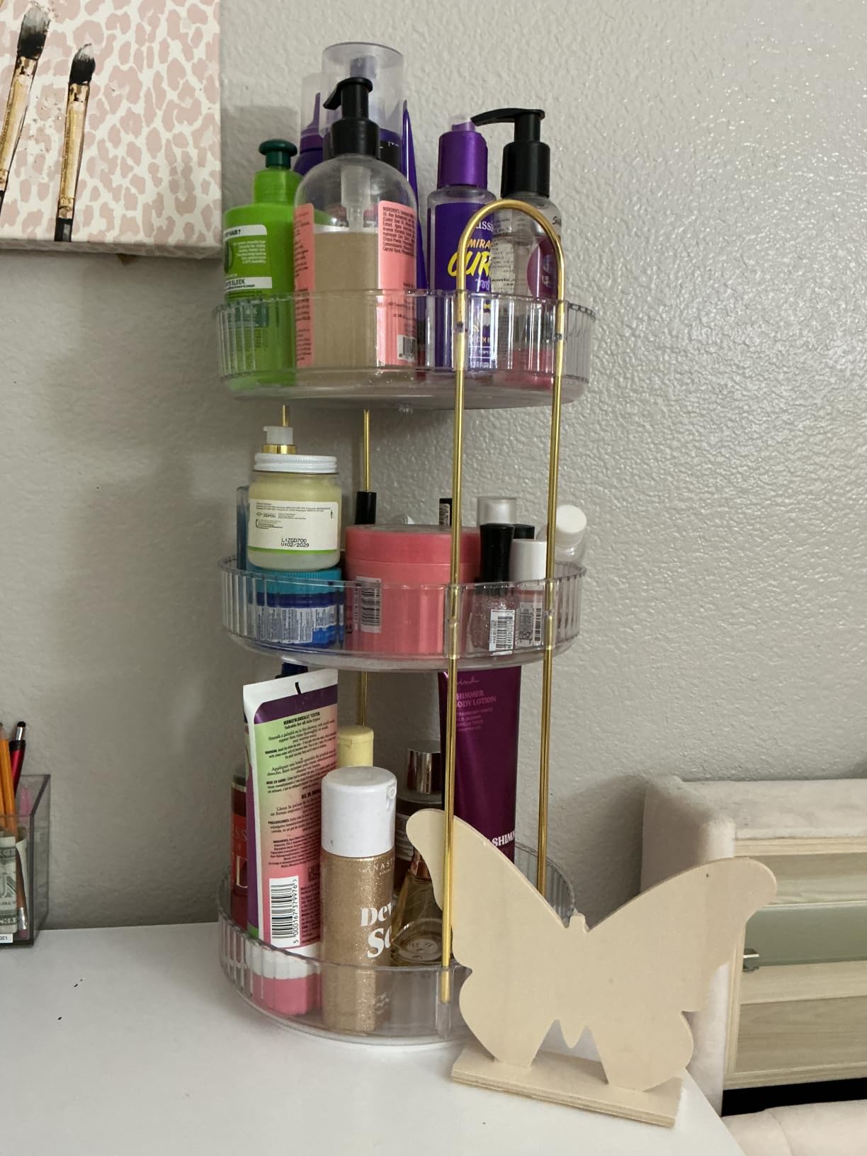 Aveniee 3-Tier 360 Degree Rotating Makeup Organizer, Clear Spinning Perfume Cosmetic Storage for Vanity Countertop, Sturdy Metal Pole Skincare Holder Stand for Bathroom Dresser, White customer photo 2