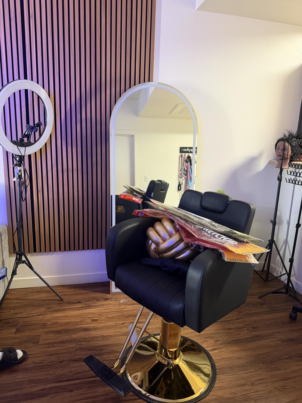 Baasha Black & Gold Reclining Salon Chair - All Purpose Hydraulic Barber Chair with Removable Headrest - Comfortable Styling Chair for Makeup, Lash, Tattoo, Braiding & Shaving, 440 lbs Cap. customer photo 1
