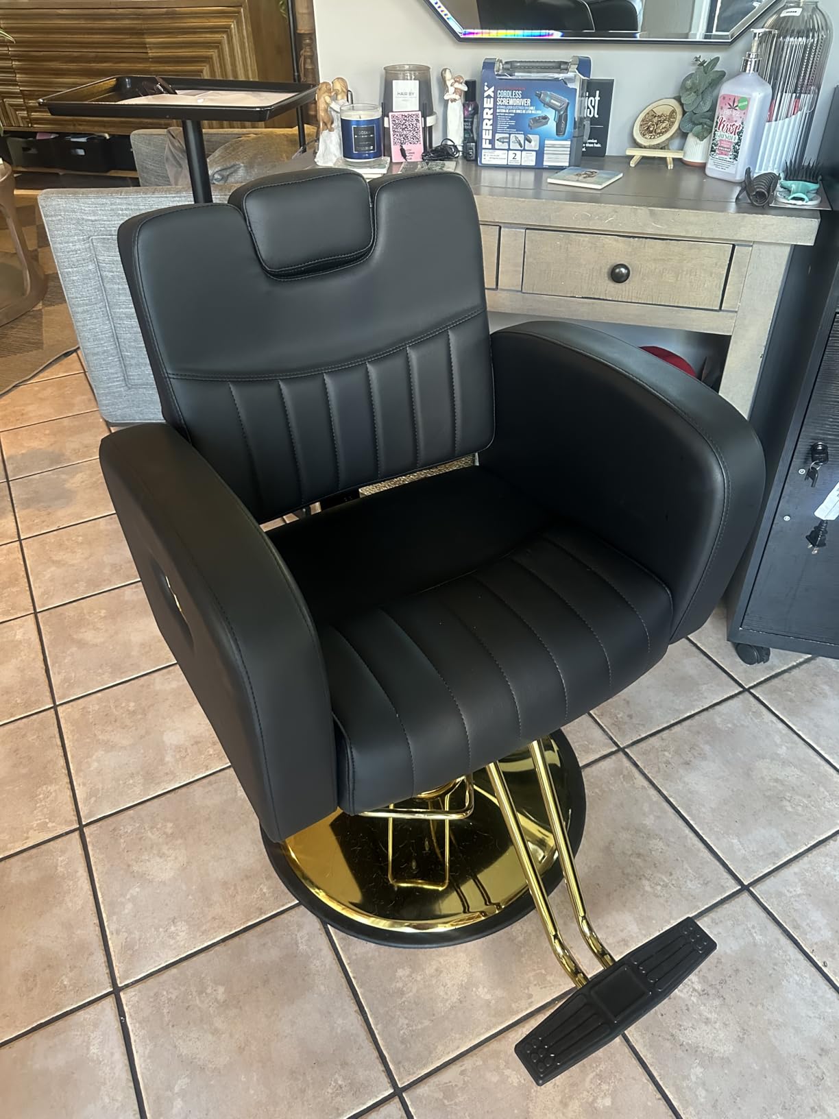 Baasha Black & Gold Reclining Salon Chair - All Purpose Hydraulic Barber Chair with Removable Headrest - Comfortable Styling Chair for Makeup, Lash, Tattoo, Braiding & Shaving, 440 lbs Cap. customer photo 2