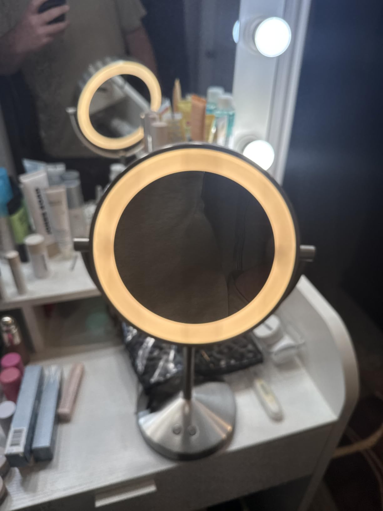 Conair Double-Sided 1X/10X Magnifying LED Vanity Mirror with 3 LED Color Modes and 360 Rotation, Satin Nickel, BE401X2L customer photo 2