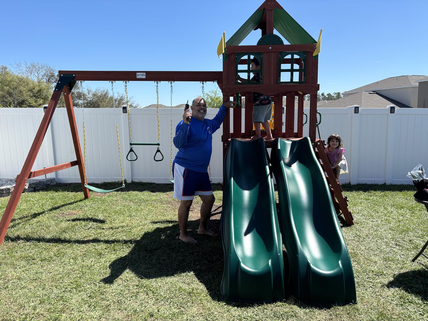 01-1057-GREY Playmaker Deluxe Wooden Swing Set with Dual Gray Wave Slides, Vinyl Canopy Roof, Swings, and Rock Climbing Wall, Redwood Stained Cedar (Amazon Exclusive) customer photo 1