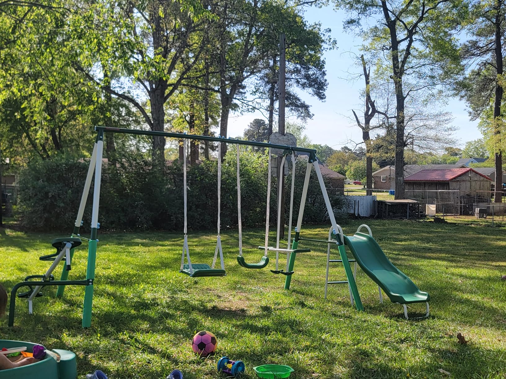 Sportspower Park Ridge Metal Swing Set for Ages 3-8, 2 Swings, Standing Swing, Roman Glider, Teeter Totter, 5ft Slide, 6.1ft Durable Steel Frame, Anchor Kit, 800lbs customer photo 2