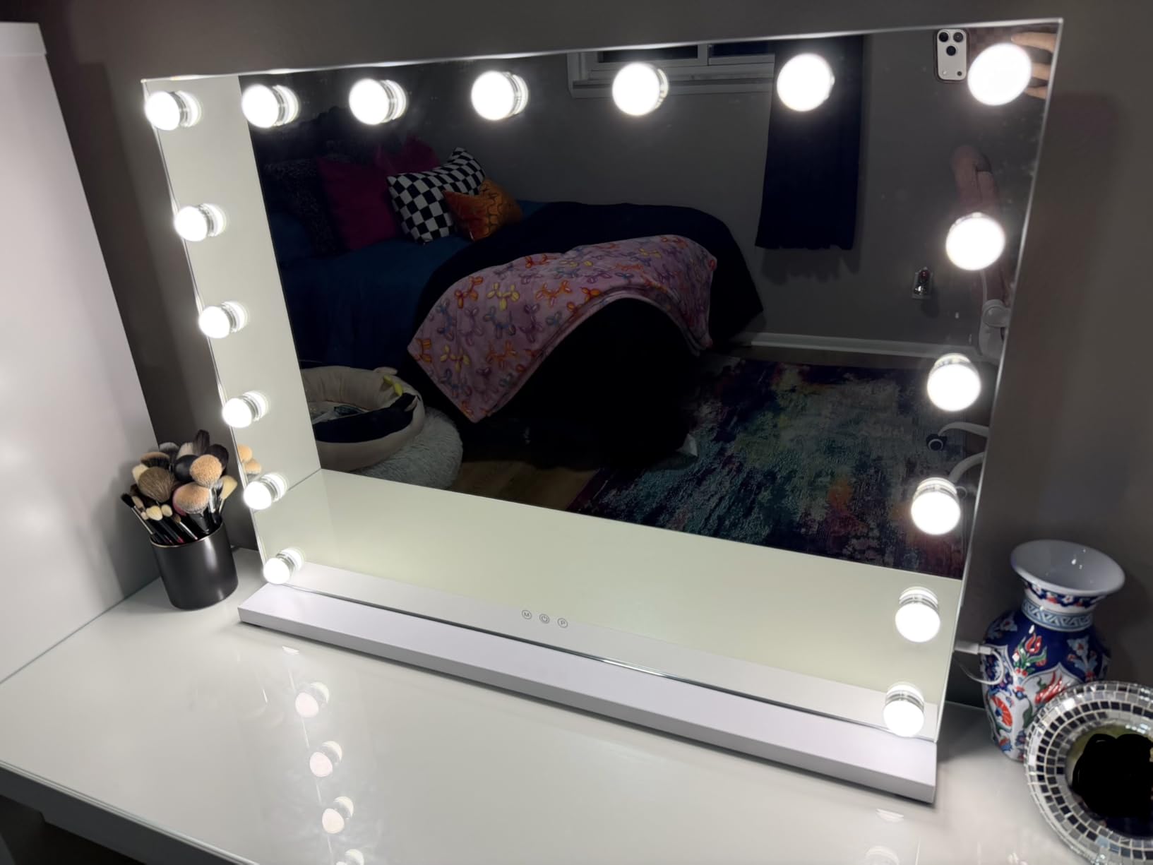 Vanity Mirror with Lights, Large Hollywood Lighted Vanity Mirror with 17 Dimmable LED Bulbs, 3 Color Modes, USB Charging Port, Light up Mirror with Touch Control for Bedroom, Tabletop, 32