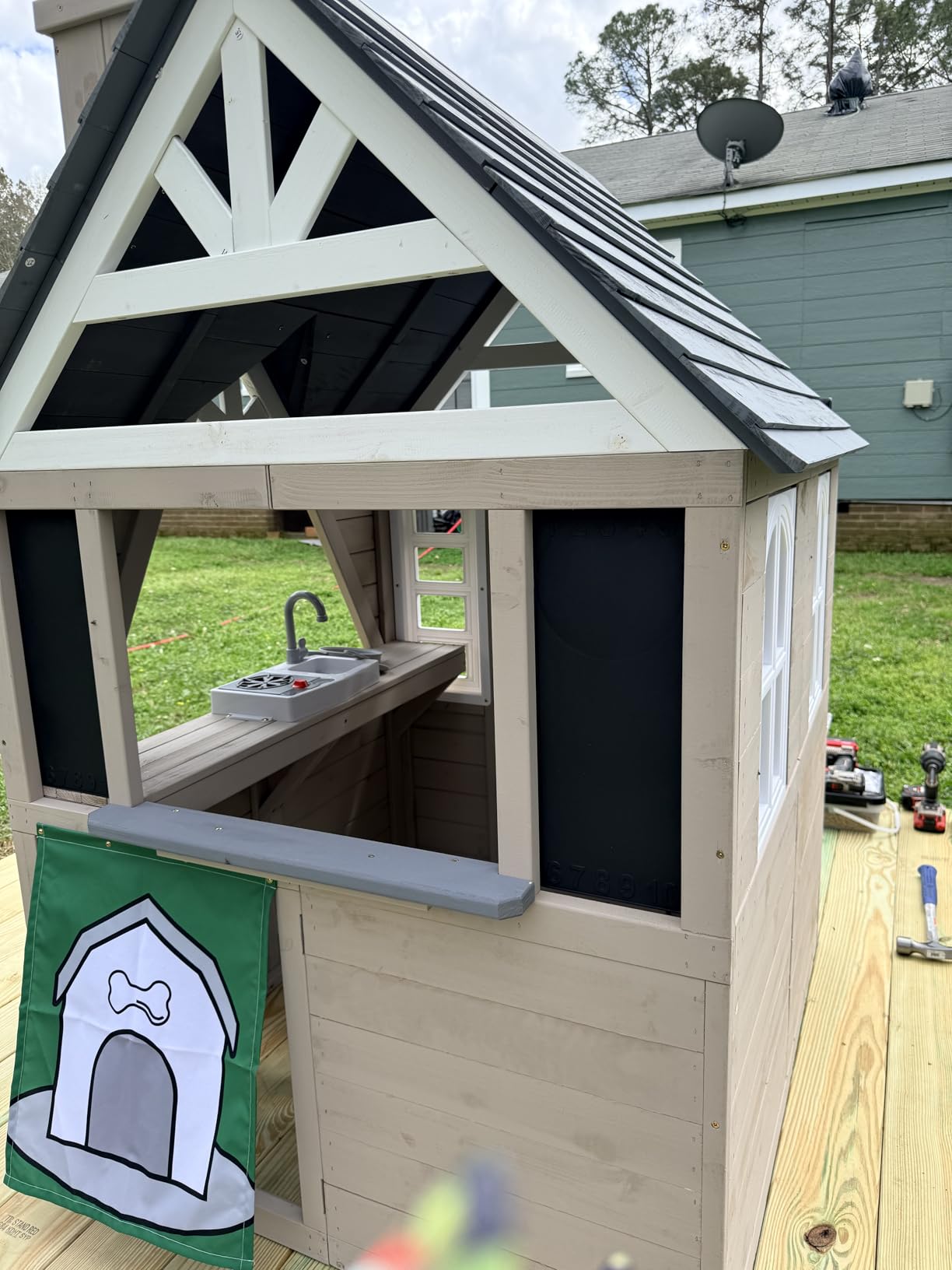 Kids Outdoor Cedar Playhouse, Weather-Resistant Gray Wooden Play House for Ages 3-8 with Play Kitchen, Working Doorbell, Toy Phone & Flowerpots - Durable Backyard Gift for Creative & Social Play customer photo 1
