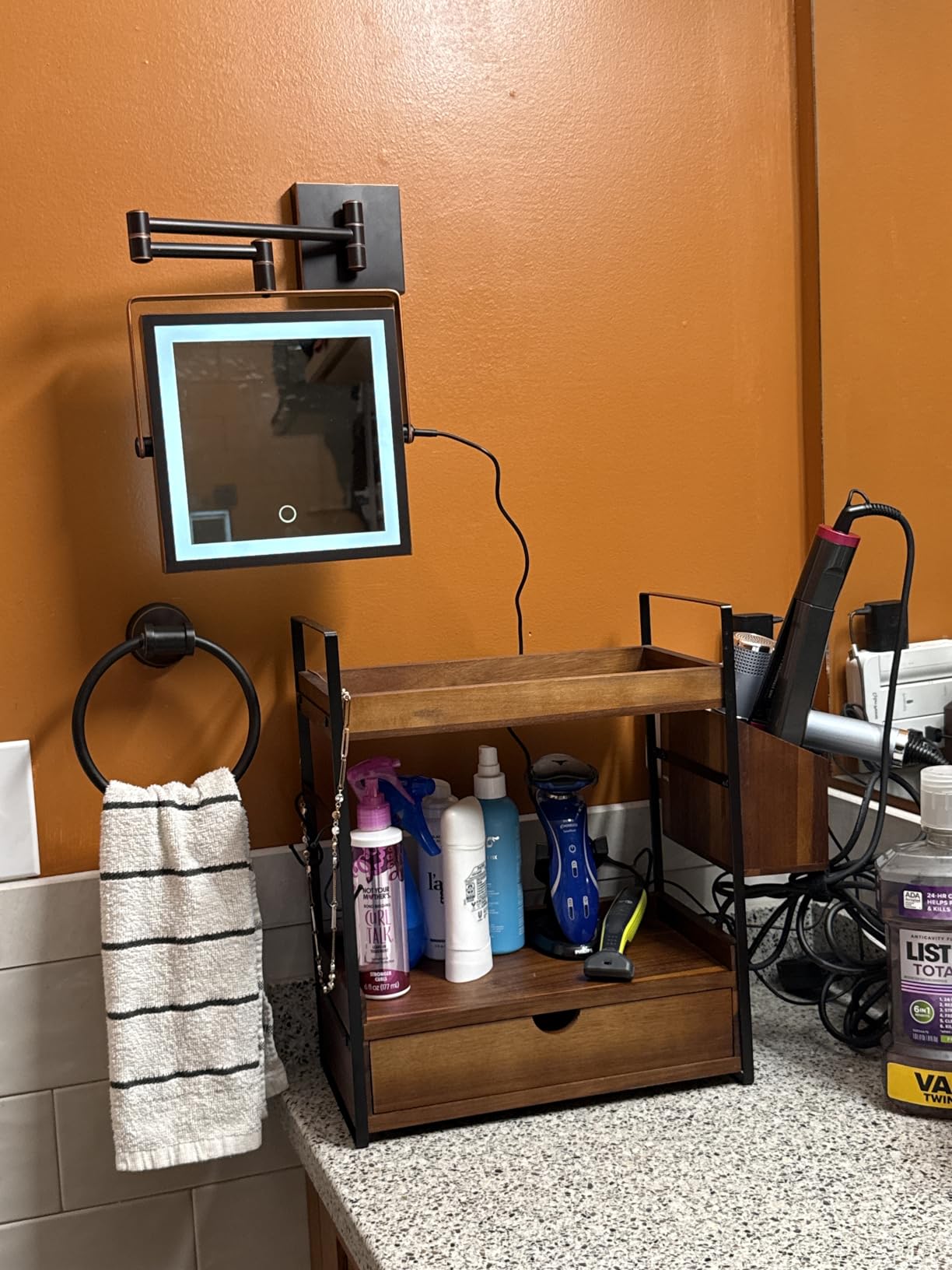Ruacq Rechargeable Wall Mounted Makeup Mirror with Lights, Double Sided 1X/10X Magnifying Vanity Mirror with 3 Color Lighting, Touch Screen Dimmable, 360° Rotation Extension Foldable Arm(Matte Black) customer photo 1