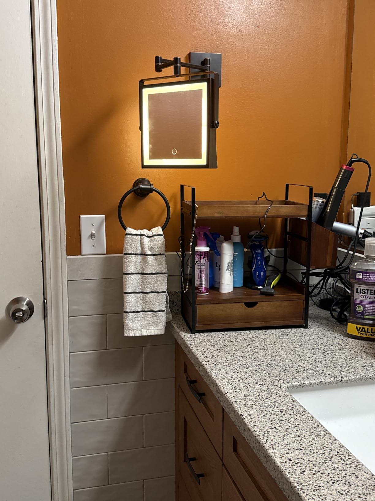 Ruacq Rechargeable Wall Mounted Makeup Mirror with Lights, Double Sided 1X/10X Magnifying Vanity Mirror with 3 Color Lighting, Touch Screen Dimmable, 360° Rotation Extension Foldable Arm(Matte Black) customer photo 2