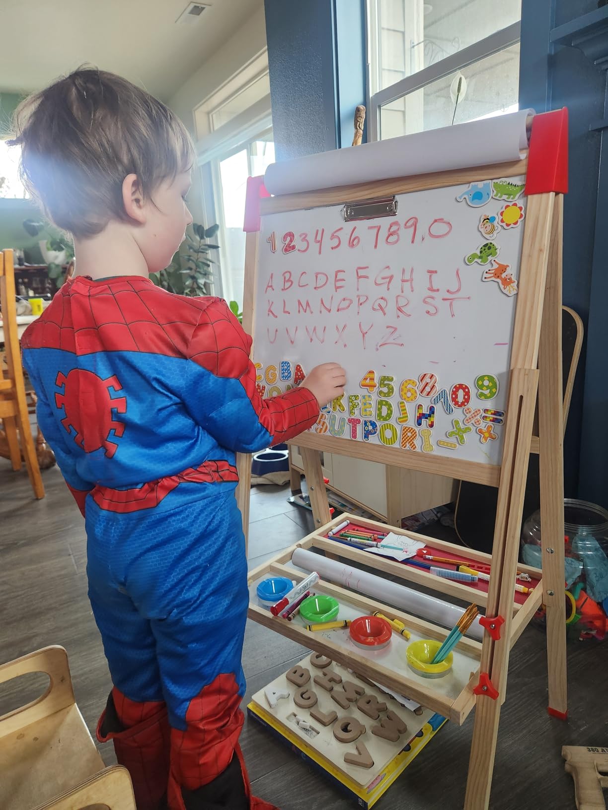 Adjustable Wooden Art Easel for Kids, Double Sided Chalkboard & Whiteboard | Drawing & Painting Station with 114+ Art Supplies, Height Adjustable Magnetic Board for Toddlers Ages 3-12, 2 Paper Rolls customer photo 2