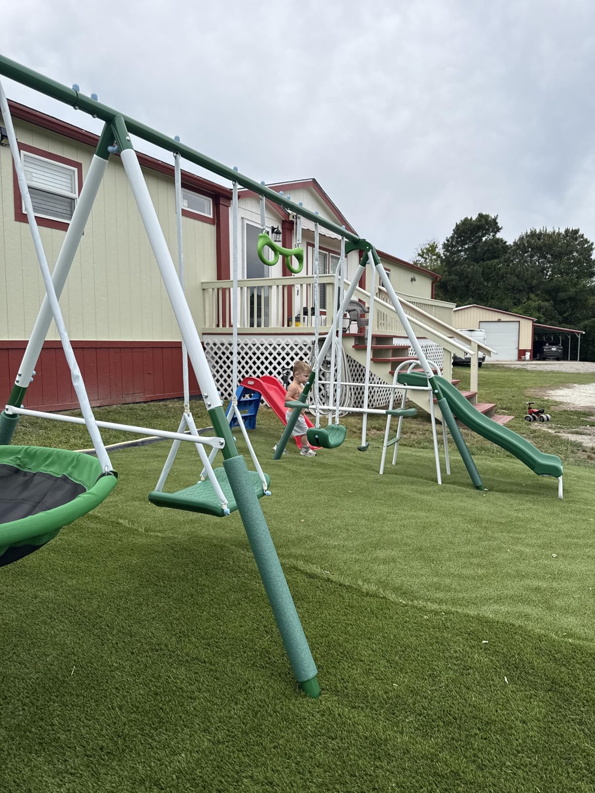 Sportspower Bayside 7-in-1 Outdoor Backyard Metal Swing Set for Kids, 1000 lb Capacity, Teeter-Totter, Swing, Saucer, Standing Swing, Trapeze, Glide Ride & 5 ft Slide, 17.4' L x 7.6' W x 6' H customer photo 1