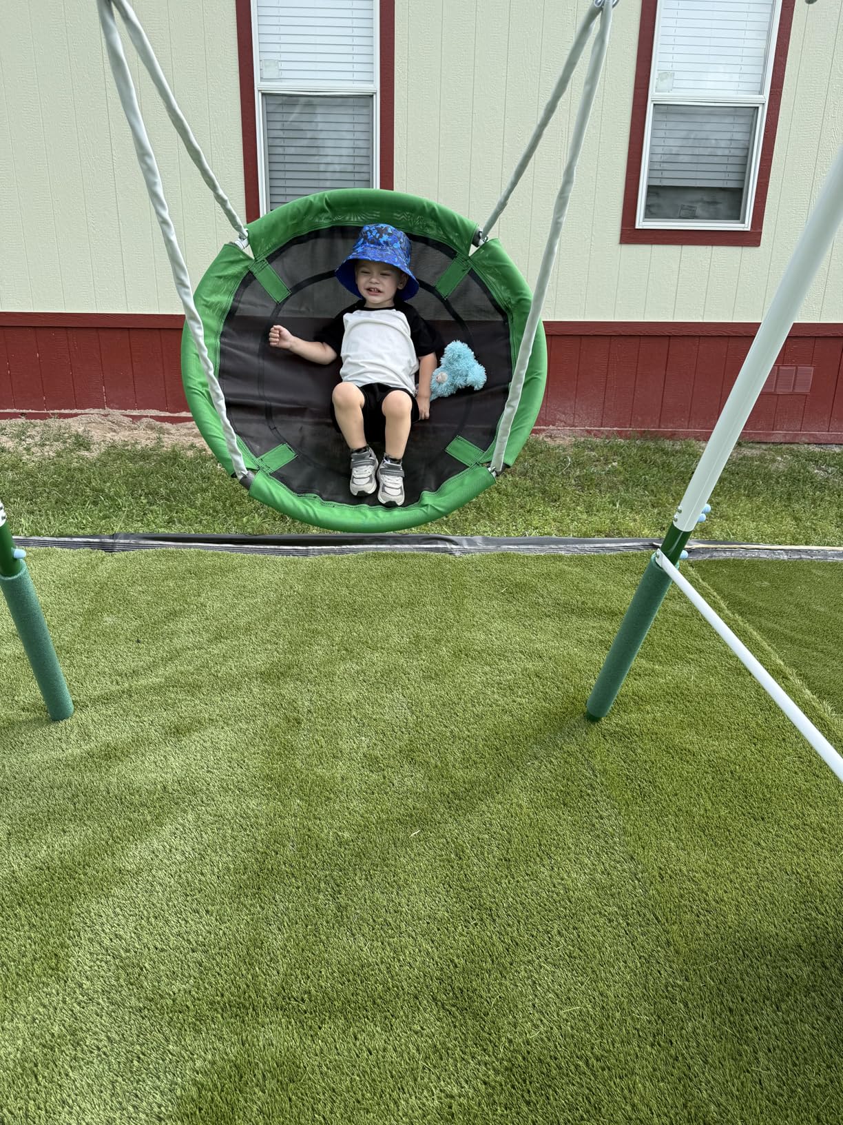 Sportspower Bayside 7-in-1 Outdoor Backyard Metal Swing Set for Kids, 1000 lb Capacity, Teeter-Totter, Swing, Saucer, Standing Swing, Trapeze, Glide Ride & 5 ft Slide, 17.4' L x 7.6' W x 6' H customer photo 2