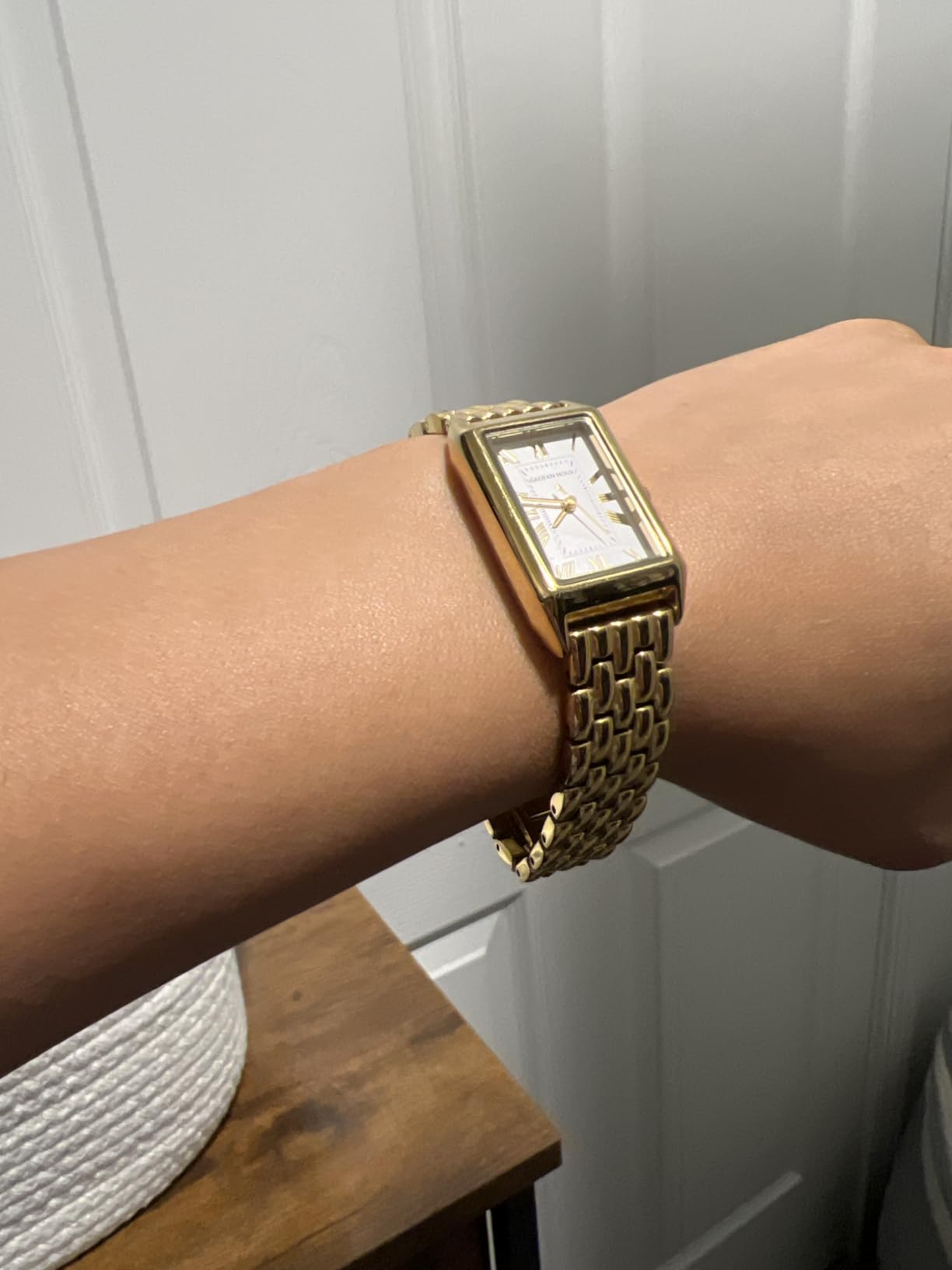 Gold Watches for Women with Vintage Rectangular Case, White Roman Dial, Stainless Steel Band, Adjustment Tool Included, Water Resistant customer photo 2