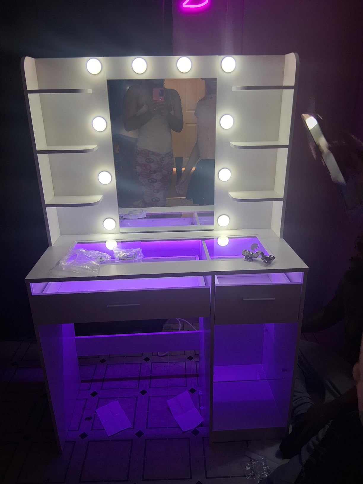 HUAHUU Vanity Desk, Makeup Vanity Desk with Mirror and Lights 3 Colors, Transparent Top with 3 RGB Drawers, 6 Shelves, 2 Large Tempered Cabinets, Power Outlet, for Bedroom, White customer photo 1