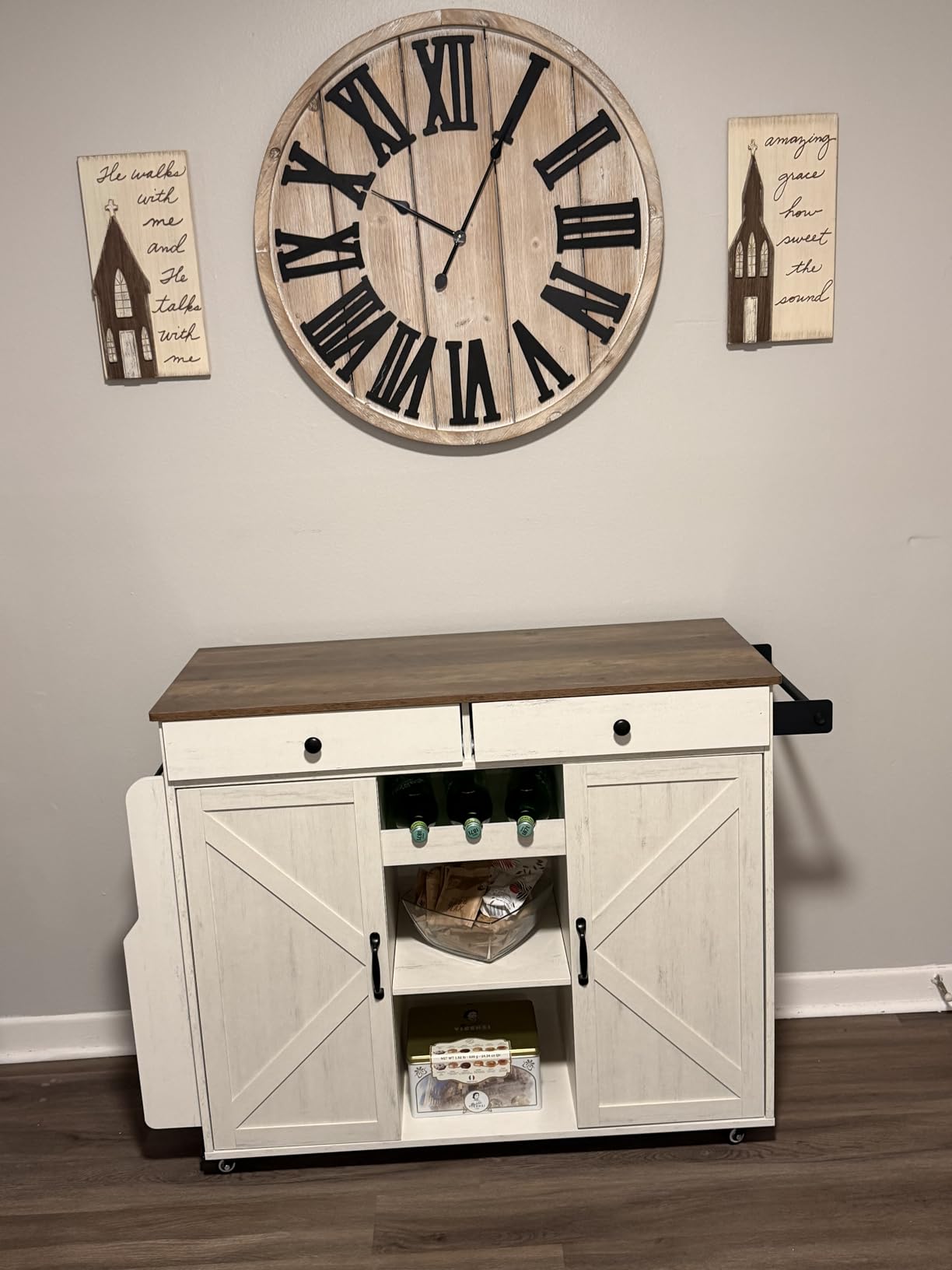 VASAGLE Mobile Kitchen Island with Drop Leaf, Portable Island with Spice Rack, Mobile Cart with Storage Cabinet, 17.7-28.7 x 49.3 x 36 Inches, for Dining Room, Rustic White and Honey Brown UKKI012W01 customer photo 2