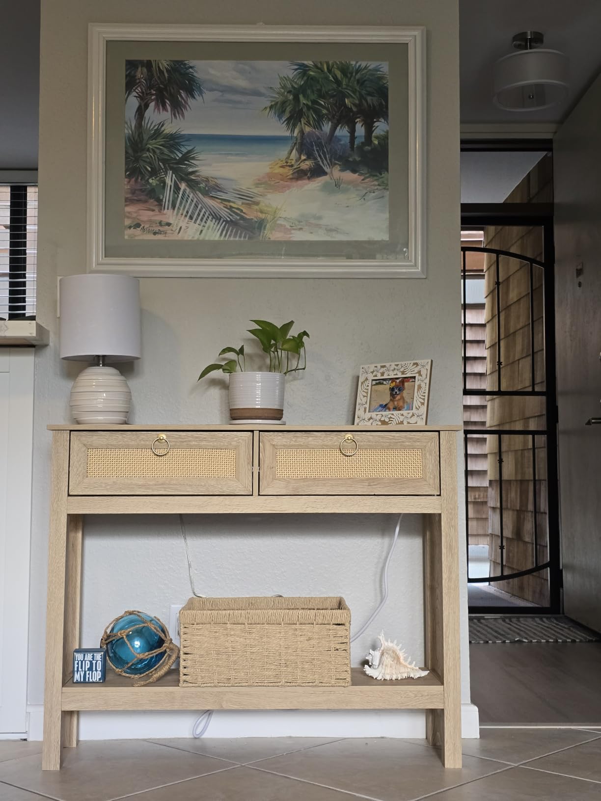 SUPERJARE Rattan Console Sofa Table with Outlets and USB-C Port, 3 Drawer Entryway Table with Synthetic Rattan Surface, Open Shelf, Behind Couch Entry Foyer Hallway Storage, Natural customer photo 2