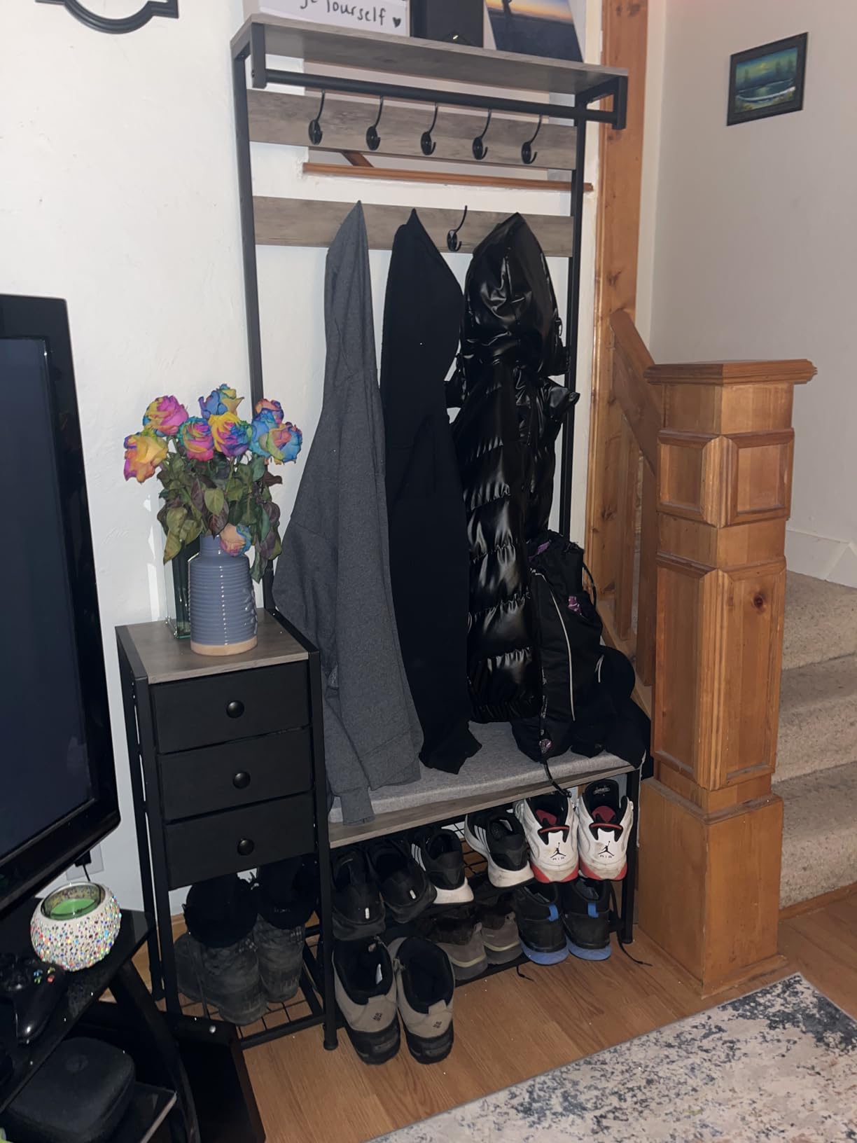 Itaar Coat Rack, Hall Tree with Bench and Shoe Storage, 7-in-1 Entryway Bench with Soft Cushion, Storage Bag, 3 Fabric Drawers(Rustic Brown) customer photo 1