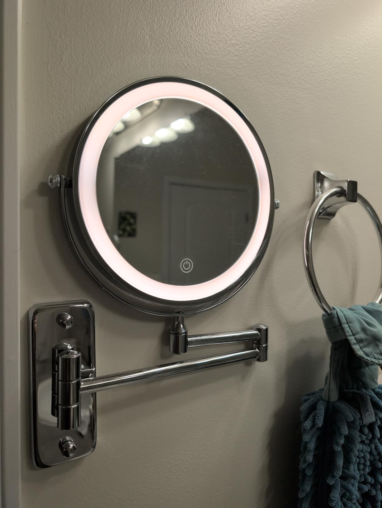 DECLUTTR Wall Mounted Lighted Makeup Mirror, Rechargeable 1X/15X Magnifying Mirror 8 Inch Double Sided, 3 Colors Vanity Mirror with Lights, Touch Dimmable 360° Rotation Foldable customer photo 1