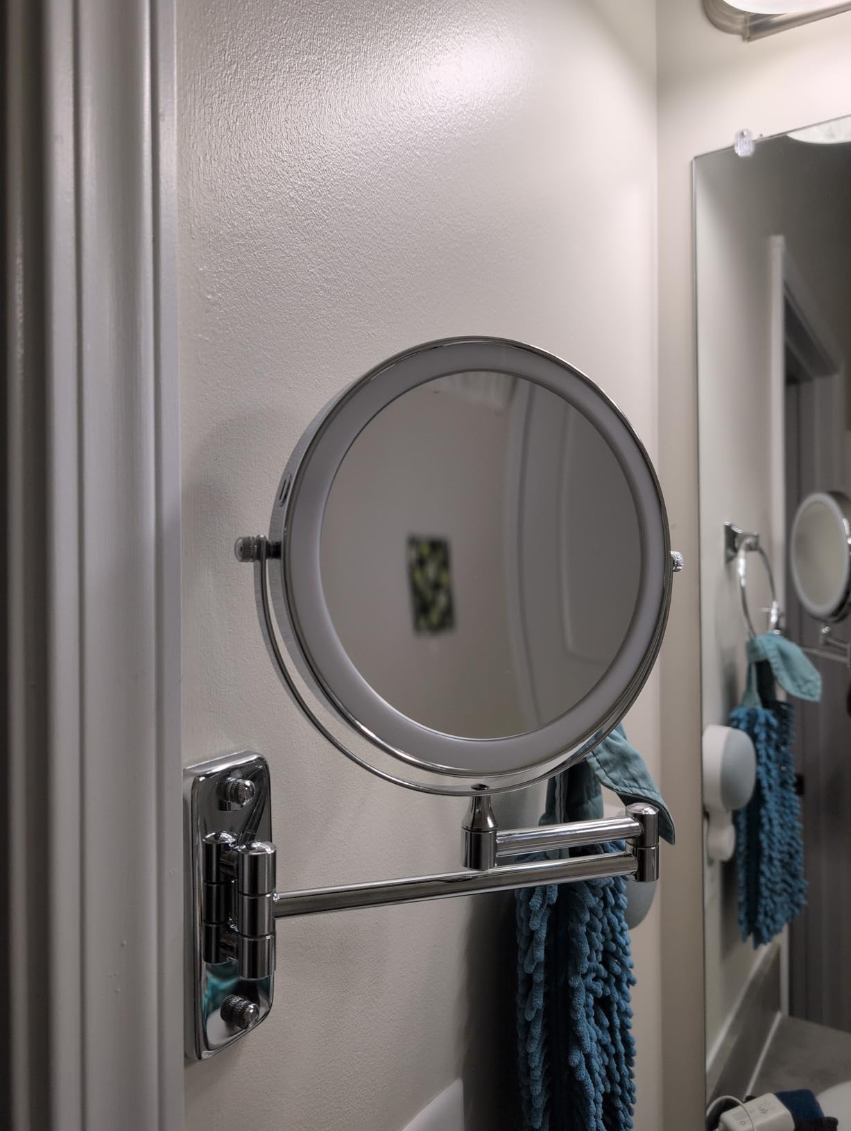 DECLUTTR Wall Mounted Lighted Makeup Mirror, Rechargeable 1X/15X Magnifying Mirror 8 Inch Double Sided, 3 Colors Vanity Mirror with Lights, Touch Dimmable 360° Rotation Foldable customer photo 2