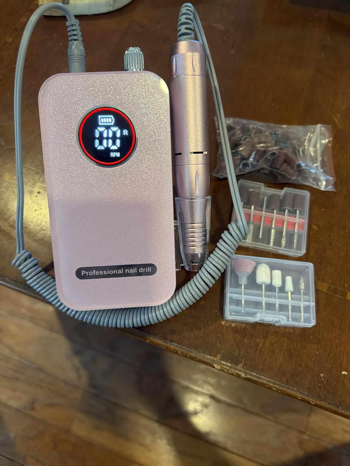 Professional Nail Drill Electric File 45000RPM, Portable Rechargeable Electric Nail File with 11 Drill Bits & 50 Sanding Bands, Low Noise Nail Drill Kit for Acrylic Gel Nails, Salon & Home Use, Pink customer photo 1