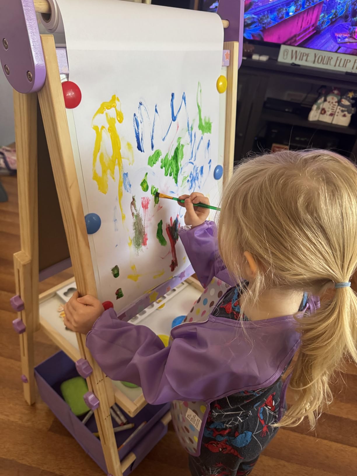 3-in-1 Kids Art Easel Set, Height Adjustable Magnetic Whiteboard & Chalkboard with Painting Paper Roll, Wooden Dual-Sided Art Station for Toddlers & Children Ages 3-8 (Art Supplies Included) customer photo 1