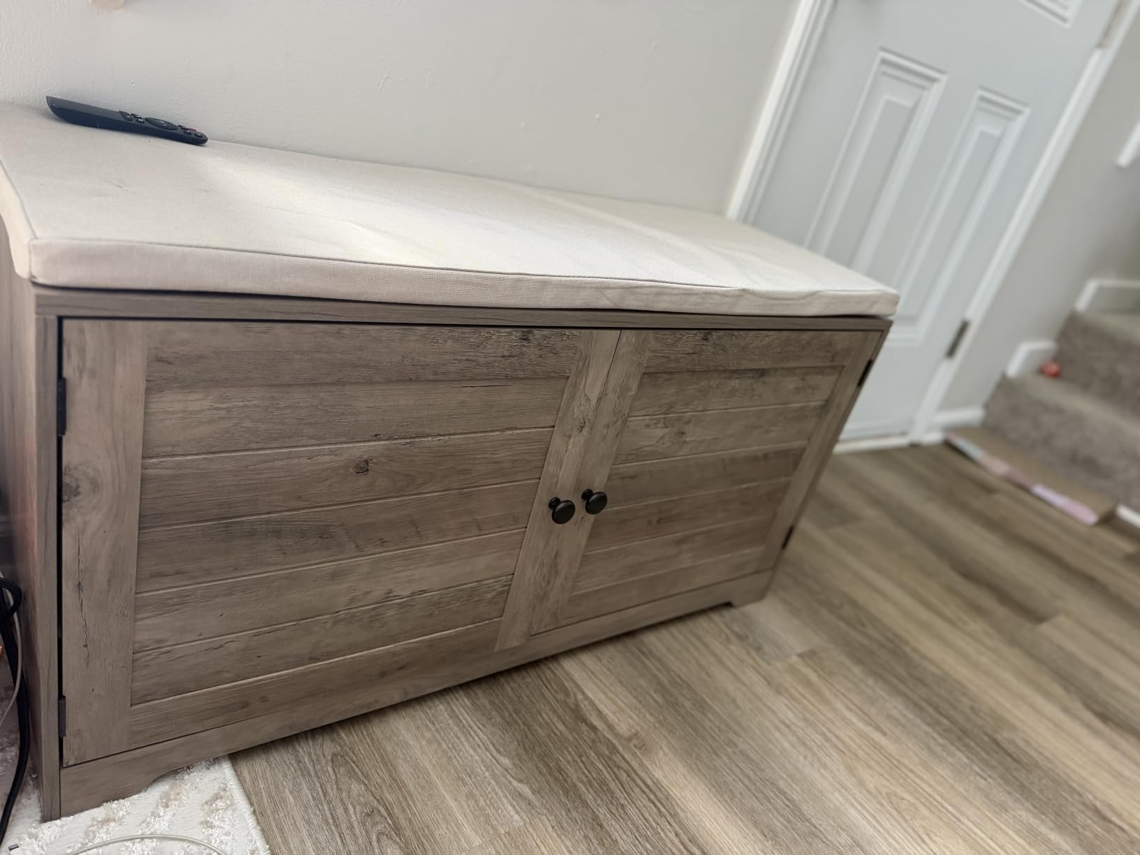 VASAGLE Shoe Storage Bench with Cushion, 3-Tier Entryway Bench with Padded Seat, Doors, Adjustable Shelves, 14 x 47.6 x 20.7 Inches, for Hallway, Bedroom, Cloud White and Dove Gray ULSB048WB01 customer photo 1