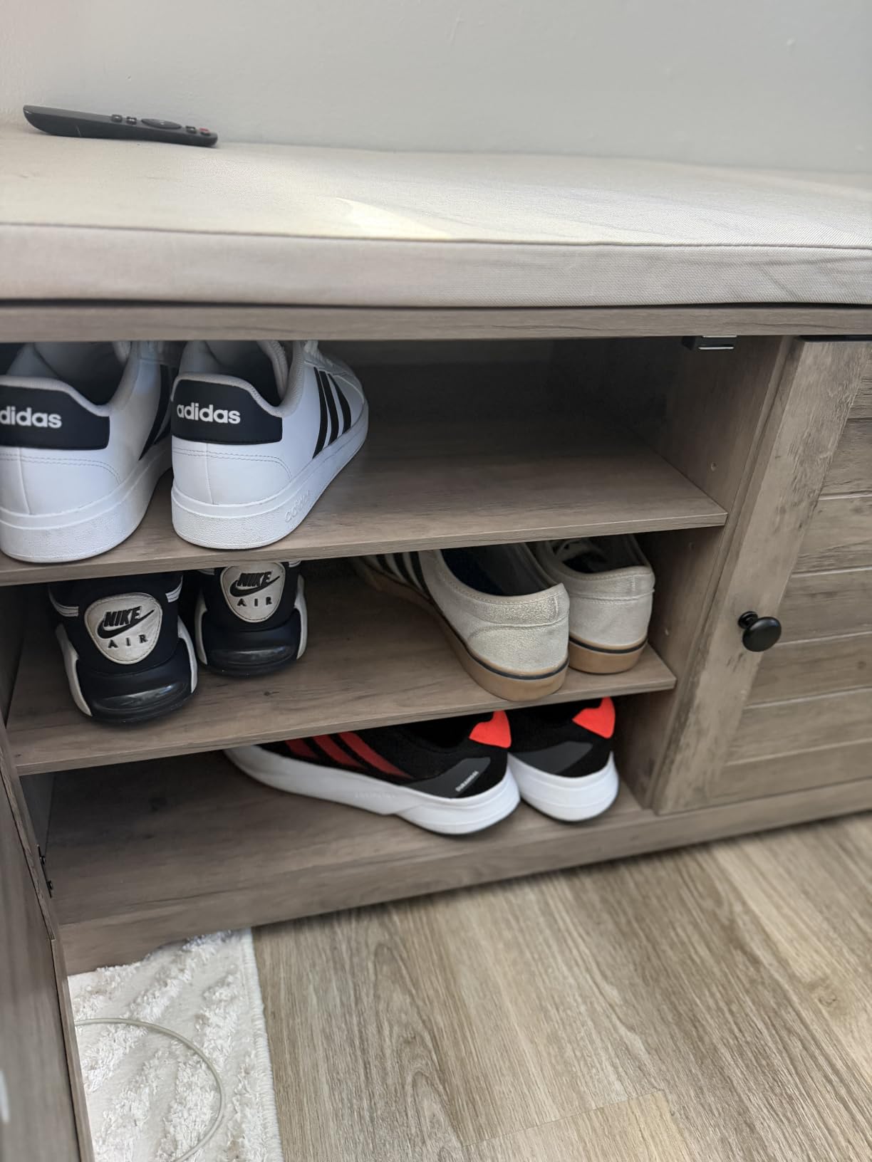 VASAGLE Shoe Storage Bench with Cushion, 3-Tier Entryway Bench with Padded Seat, Doors, Adjustable Shelves, 14 x 47.6 x 20.7 Inches, for Hallway, Bedroom, Cloud White and Dove Gray ULSB048WB01 customer photo 2