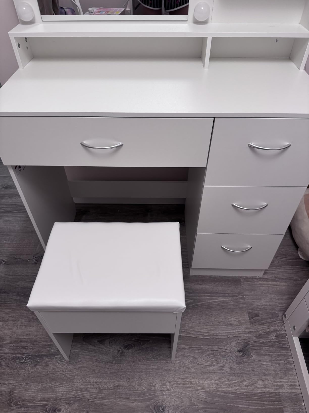 LIVELYGLOW White Makeup Vanity Desk with Charging Station & 4 Drawers | 10 LED Bulbs, HD Mirror, Cushioned Stool, Hairdryer Rack customer photo 2