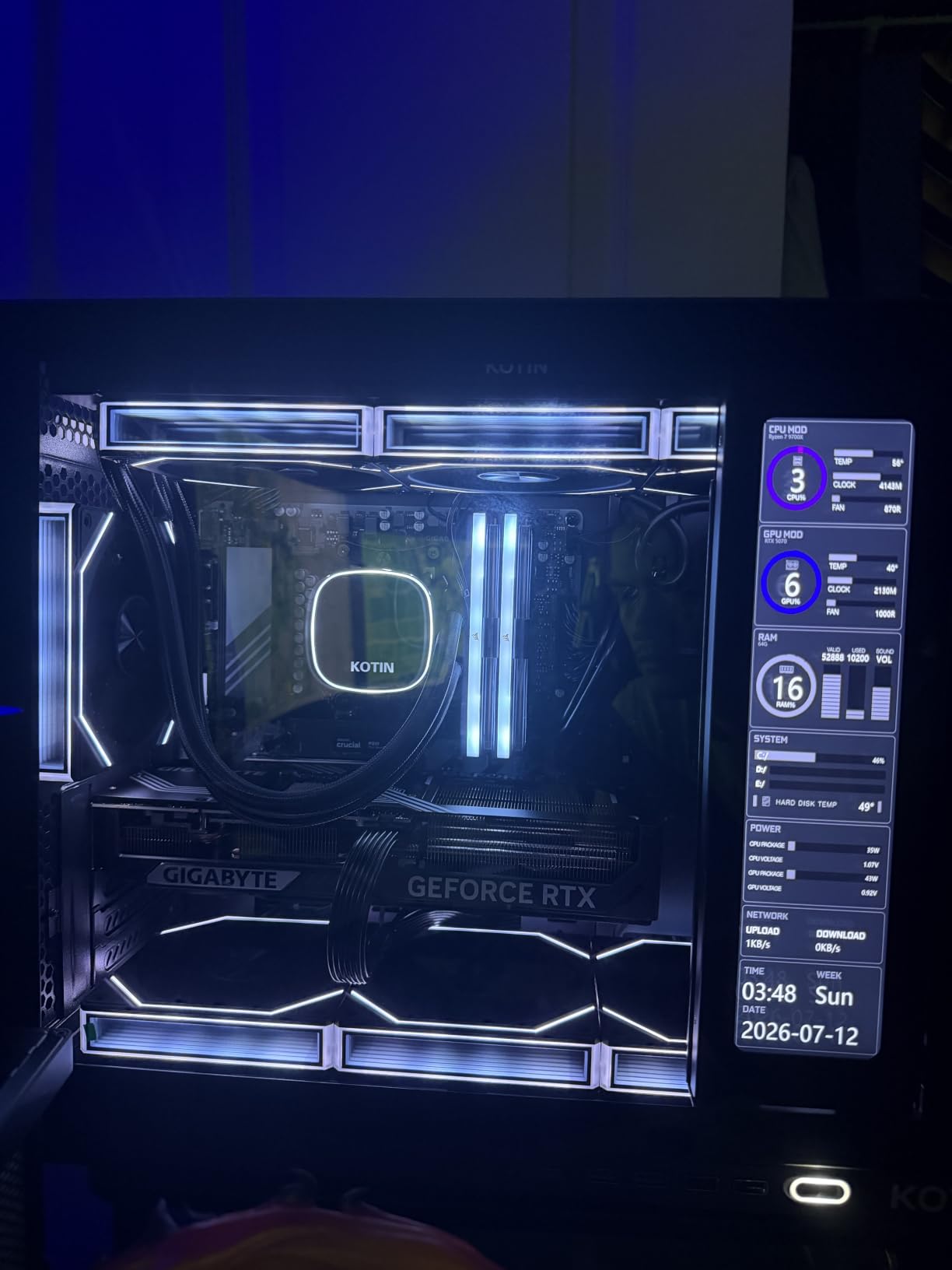 KOTIN Prebuilt Gaming PC RTX 5070 12GB, Ryzen 7 9700X, 32GB DDR5, 1TB SSD | 11.3in Smart Display, 850W 80+ Gold PSU, 360mm Liquid Cooler, WiFi 7, 1440p 4K ARGB Windows 11 Gaming Desktop Computer customer photo 1
