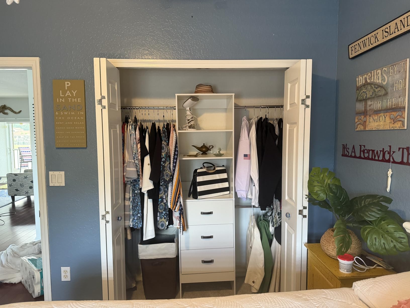 Besiost 4FT Small Closet System with 3 Fabric Drawers, 48'' Closet Organizer System With 3 Adjustable Shelves, Flexible Built-In Clothes Garment Rack for Small Space, 48