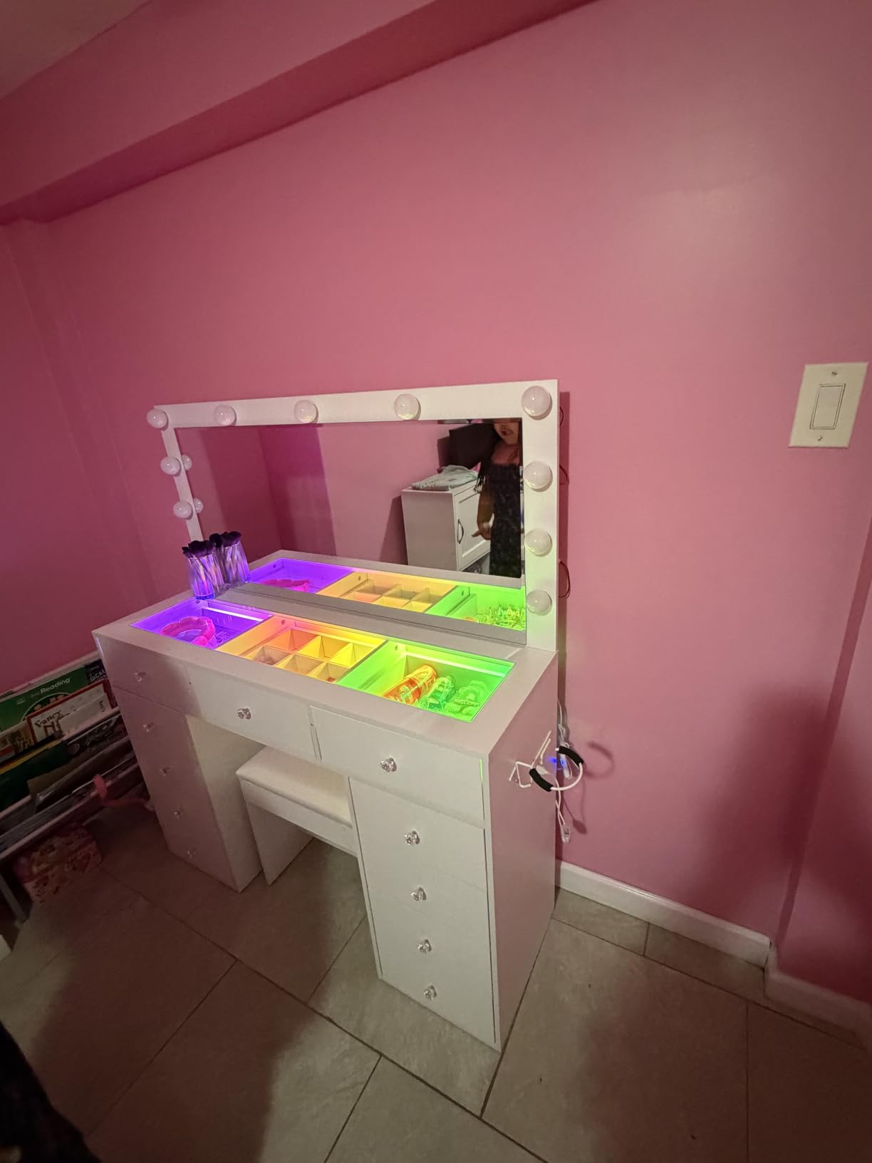White Luxury Makeup Vanity with 11 Drawers & RGB Lights, Large Vanity Table with Padded Stool & 11 LED Bulbs, Vanity Desk with Power Station and Hair Dryer Holder, for Women Girls Bedroom customer photo 1