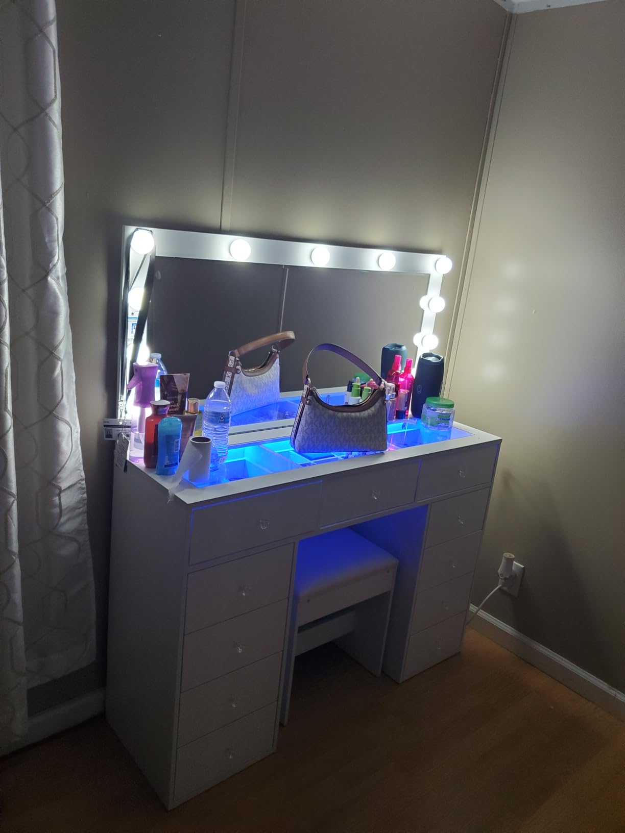 White Luxury Makeup Vanity with 11 Drawers & RGB Lights, Large Vanity Table with Padded Stool & 11 LED Bulbs, Vanity Desk with Power Station and Hair Dryer Holder, for Women Girls Bedroom customer photo 2