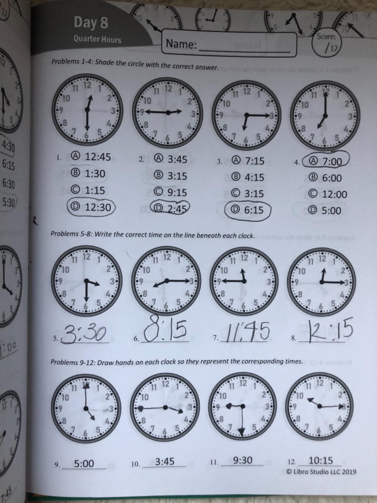 Humble Math - 100 Days of Telling the Time - Practice Reading Clocks: Ages 7-9, Reproducible Math Drills with Answers: Clocks, Hours, Quarter Hours, Five Minutes, Minutes, Word Problems customer photo 1