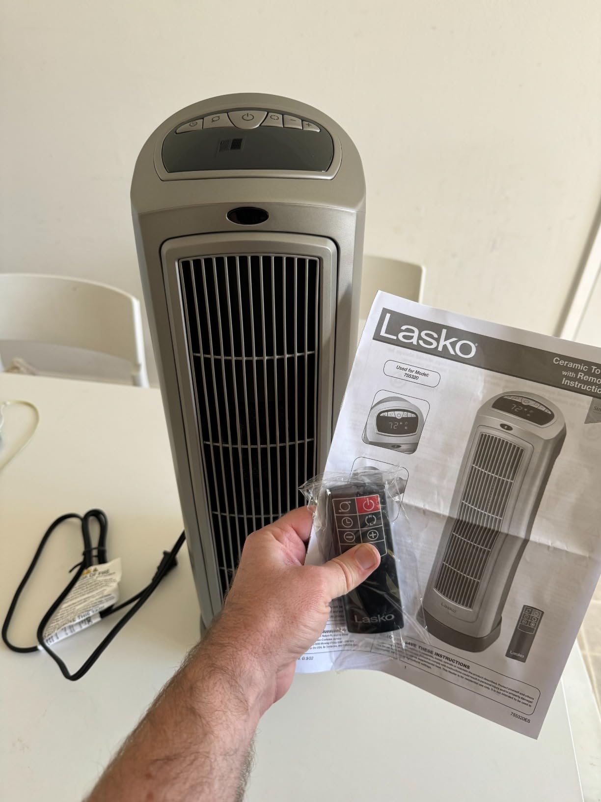 Lasko Oscillating Digital Ceramic Tower Heater for Home with Adjustable Thermostat, Timer and Remote Control, 23 Inches, 1500W, Silver, 755320 customer photo 2