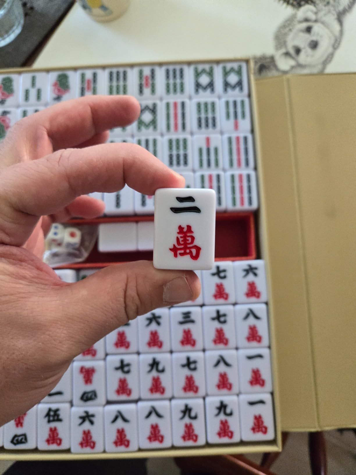Yellow Mountain Imports YMI Rouge Heritage Chinese Mahjong Set, 146 Tiles | 146 engraved melamine tiles with green bamboo stripe design, red vinyl case, dice, wind indicator, 9.4 lbs. customer photo 1