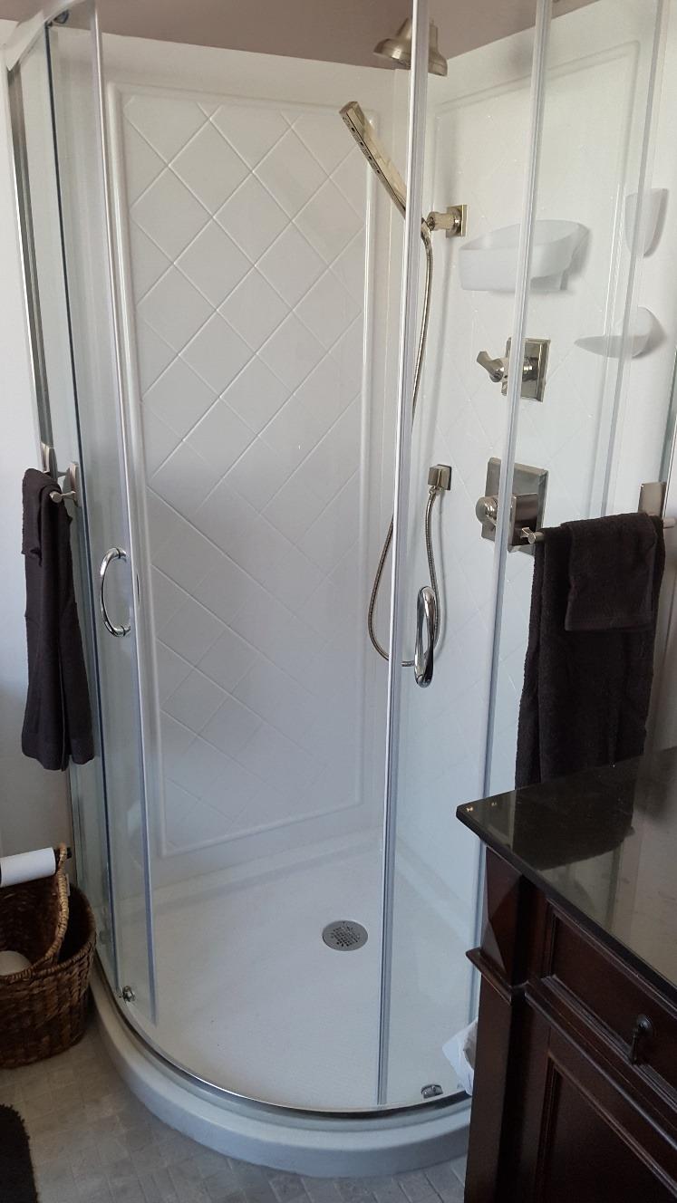 DreamLine Prime 33 in. x 76 3/4 in. Semi-Frameless Clear Glass Sliding Shower Enclosure in Chrome with White Base and Backwalls, DL-6152-01CL customer photo 2