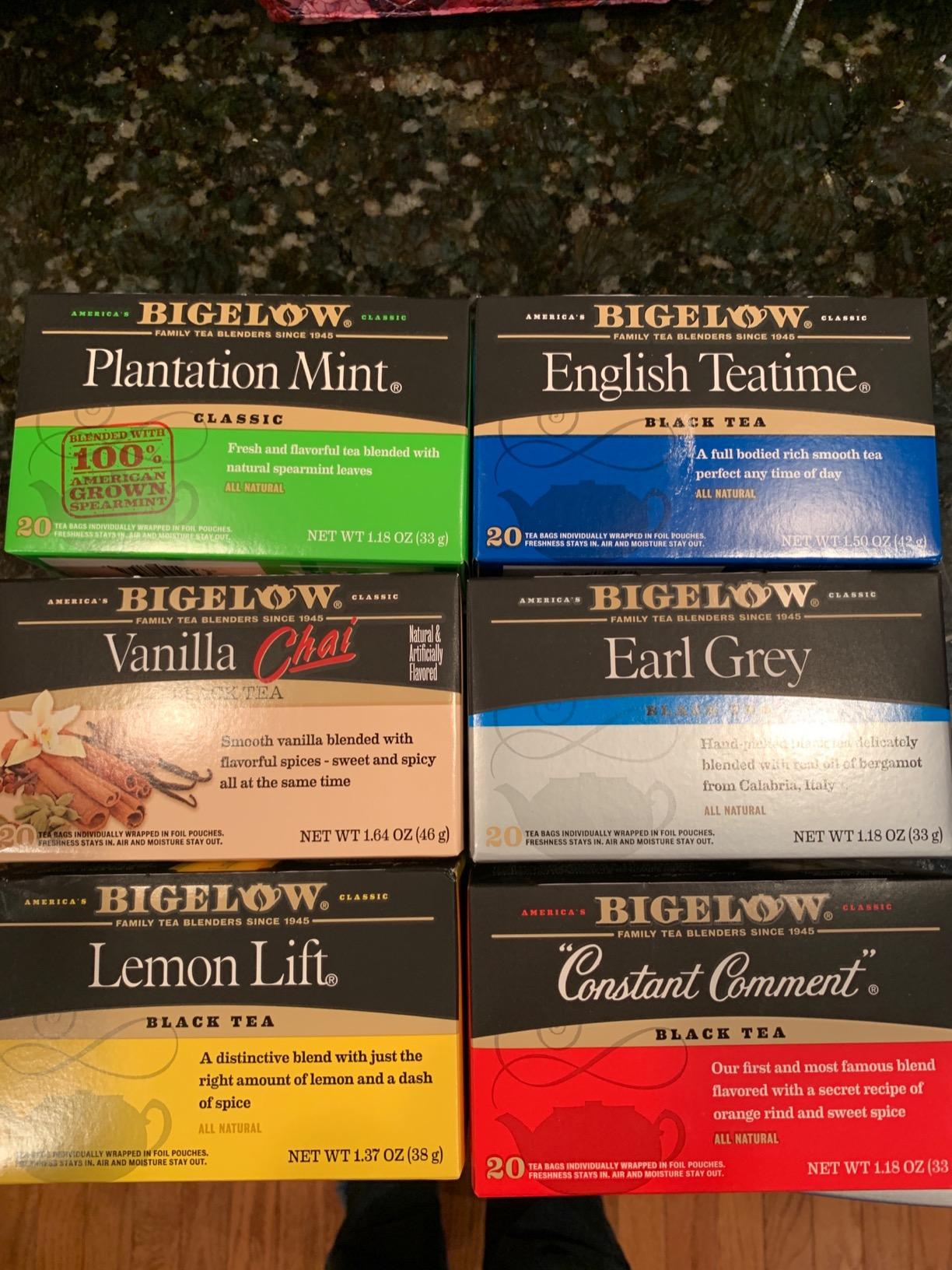 Bigelow Tea, Caffeine Free, 6 Flavor Herbal Tea Variety Pack, Pack of 6 | Decaf Tea with Mint Medley, Cozy Chamomile, Orange and Spice, Sweet Dreams, Perfect Peach, Lemon Ginger, 118 Total Tea Bags customer photo 1