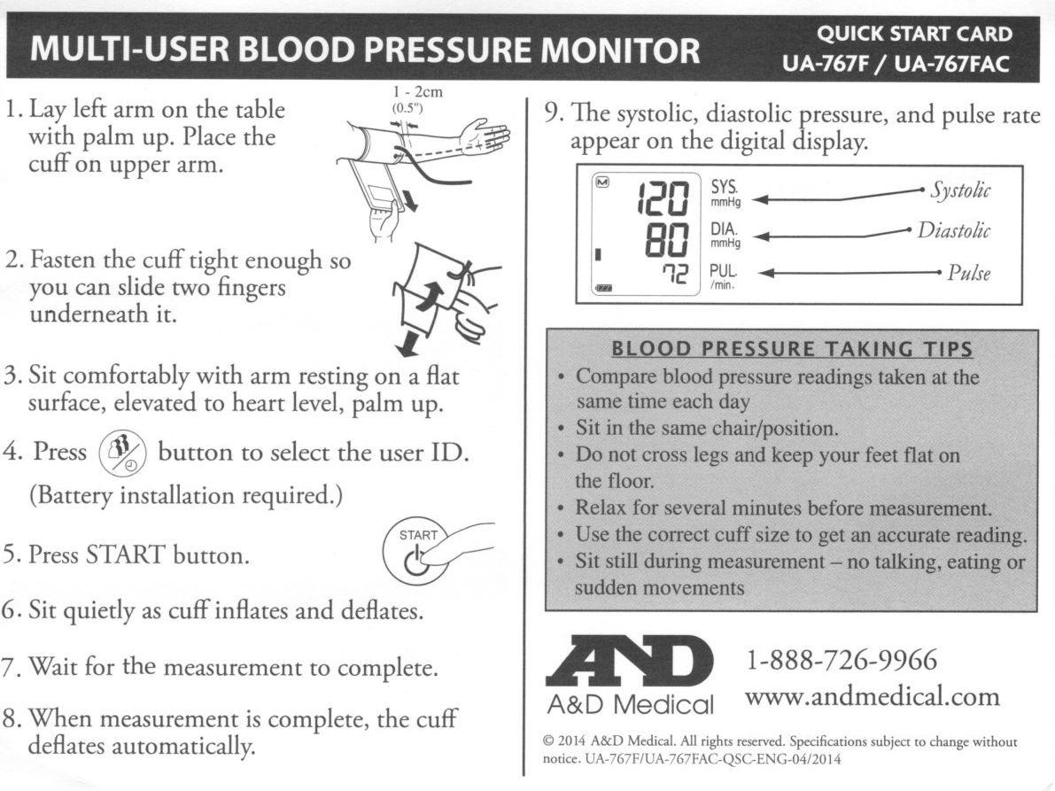 A&D Medical Multi-User Blood Pressure Monitor for Home Use UA-767FAC - Wide Range Cuff (8.6-16.5