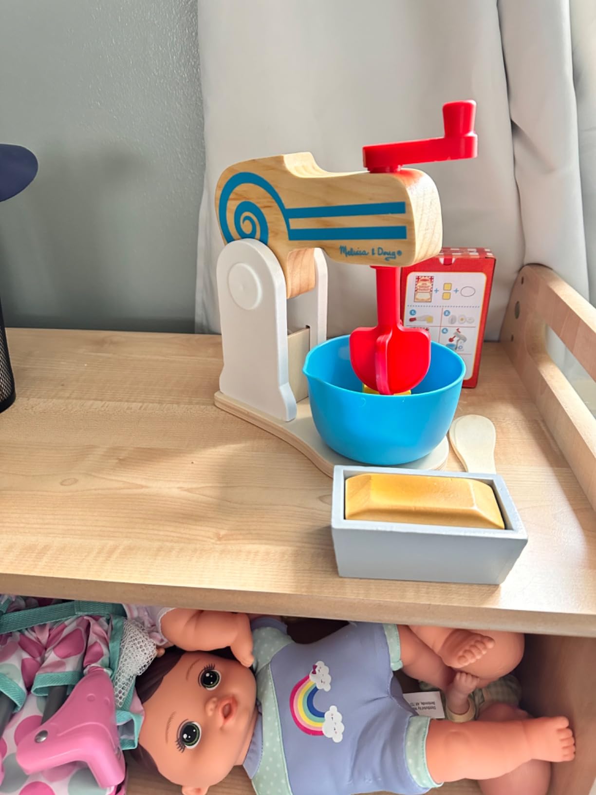 Melissa & Doug Wooden Make-a-Cake Mixer Pretend Play Baking Set, 10 Pieces, Wooden Hand-Crank Mixer, Sliceable Egg & Butter, Cake Pan, Kitchen Play Food Set, Preschool Toys for Kids, Ages 3+ customer photo 1