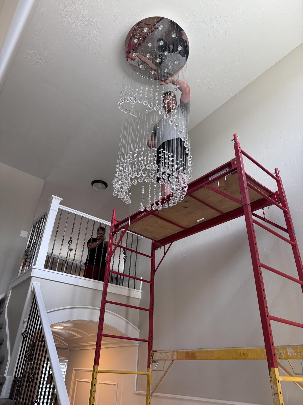 Siljoy Modern Foyer Chandeliers for High Ceiling, Large Staircase Chandelier with Spiral Sphere Design, Raindrop Crystal Chandelier Flush Mount Ceiling Light for Entryway Living Room W31.5 X H110 customer photo 1