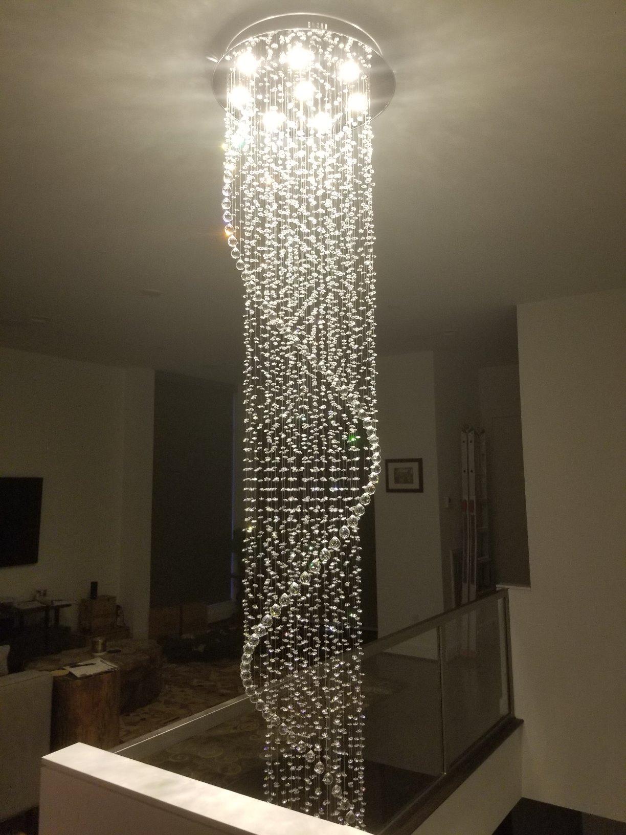 Siljoy Modern Foyer Chandeliers for High Ceiling, Large Staircase Chandelier with Spiral Sphere Design, Raindrop Crystal Chandelier Flush Mount Ceiling Light for Entryway Living Room W31.5 X H110 customer photo 2