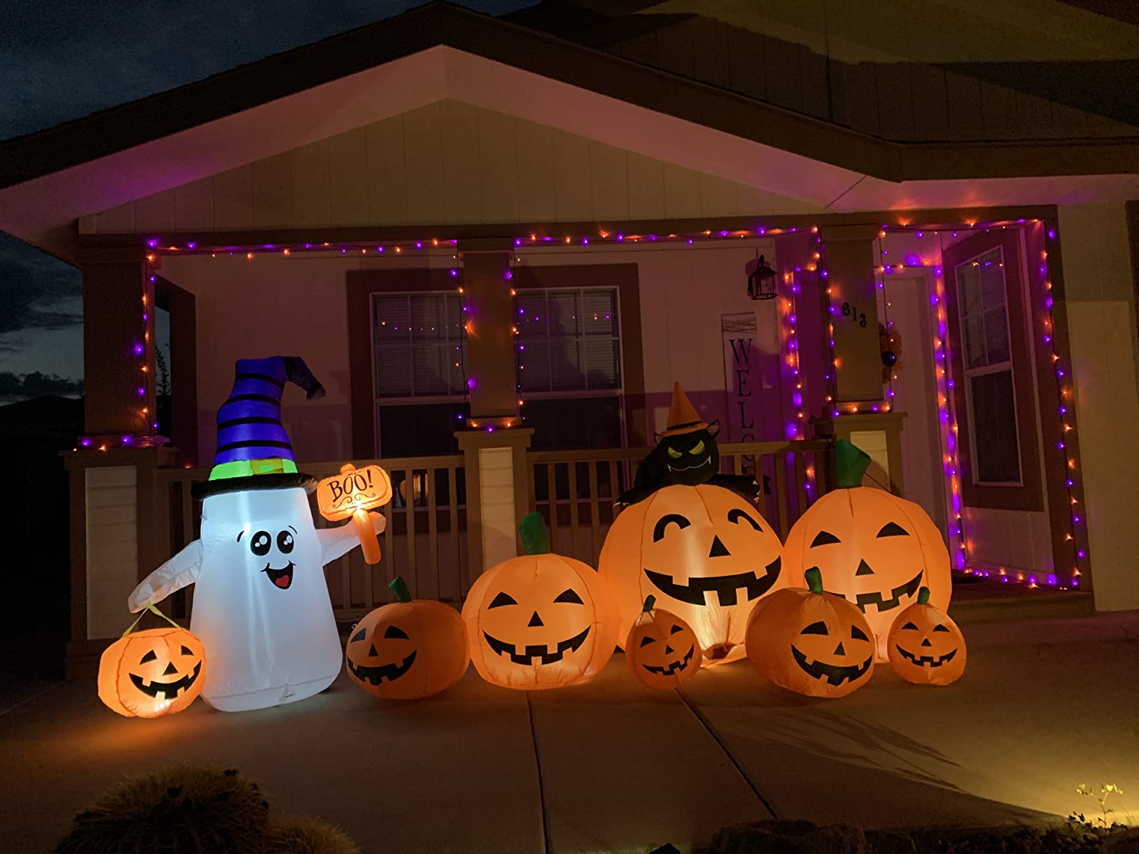 Joiedomi 7 FT Long Halloween Inflatables Pumpkin Outdoor Decorations, 7 Pumpkins Outside Decoration with Witch's Cat with Build-in LEDs Blow Up Inflatables for Party Yard Lawn Garden Decor customer photo 1