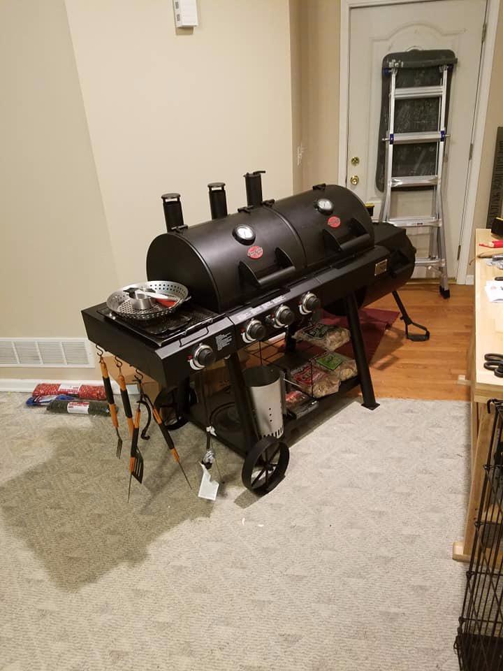Char-Griller Texas Trio 3-Burner Gas & Charcoal Grill and Smoker, Push Button to Ignite, Dual temperature Gauges, Side Burner, Includes Side Firebox, 1,390 Cooking Square Inches, Black, Model# 3070 customer photo 1