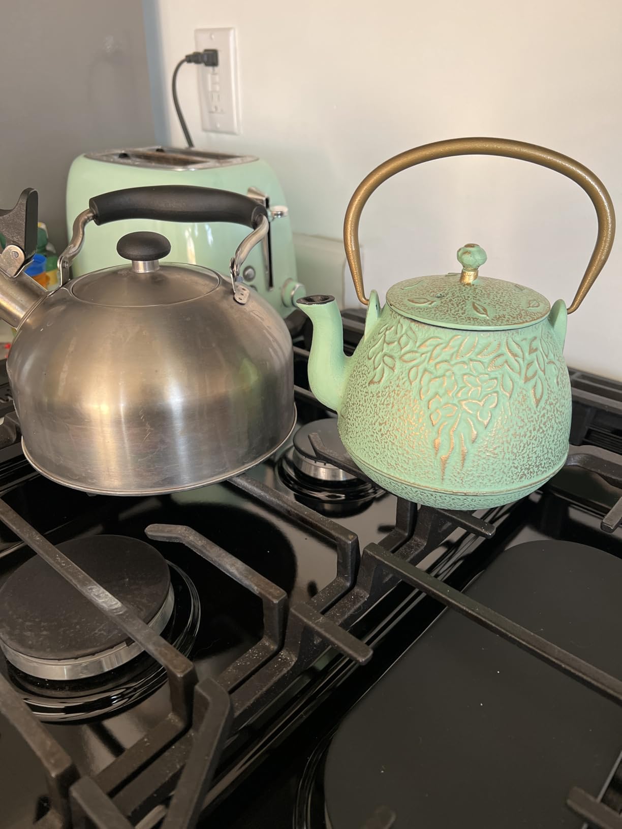 TOPTIER Japanese Teapot with Stainless Steel Infuser, Cast Iron Tea Kettle Stovetop Safe, Leaf Design Coated with Enameled Interior for 32 Ounce (950 ml), Light Green customer photo 2