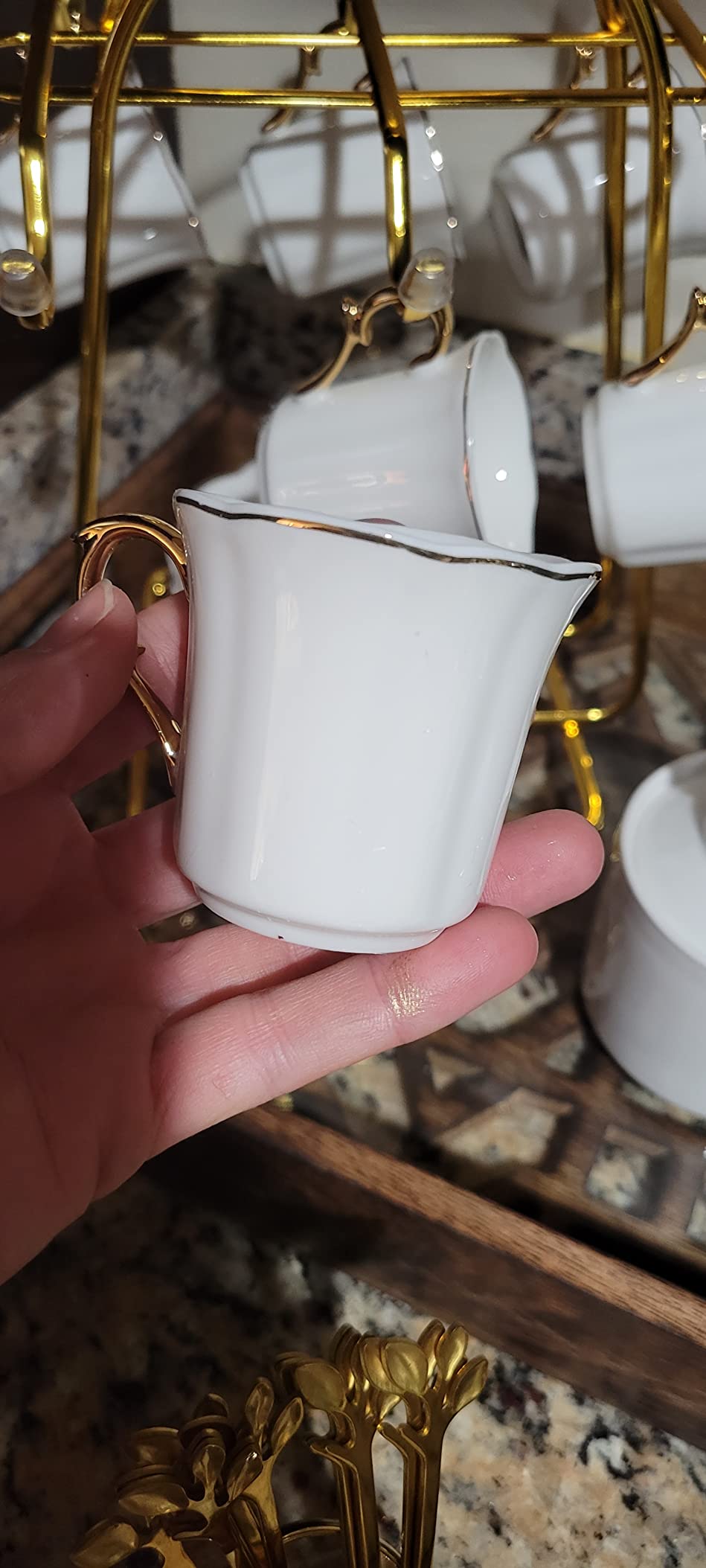 BTaT- Porcelain Espresso Cups Set, 3 oz, 6 Set, Small Coffee Mugs | Elegant White Cups Saucers Gold Trim Espresso Set Greek Arabic Turkish Coffee Gift Use customer photo 2