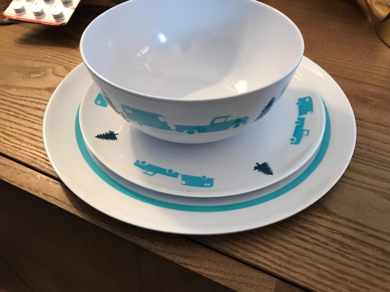 Camco Life is Better at The Campsite Dishware Set | Features a Virtually Unbreakable Melamine Construction, is Top Rack Dishwasher Safe, and has a Multicolored RV-Themed Design | 12-Piece (53297) customer photo 1