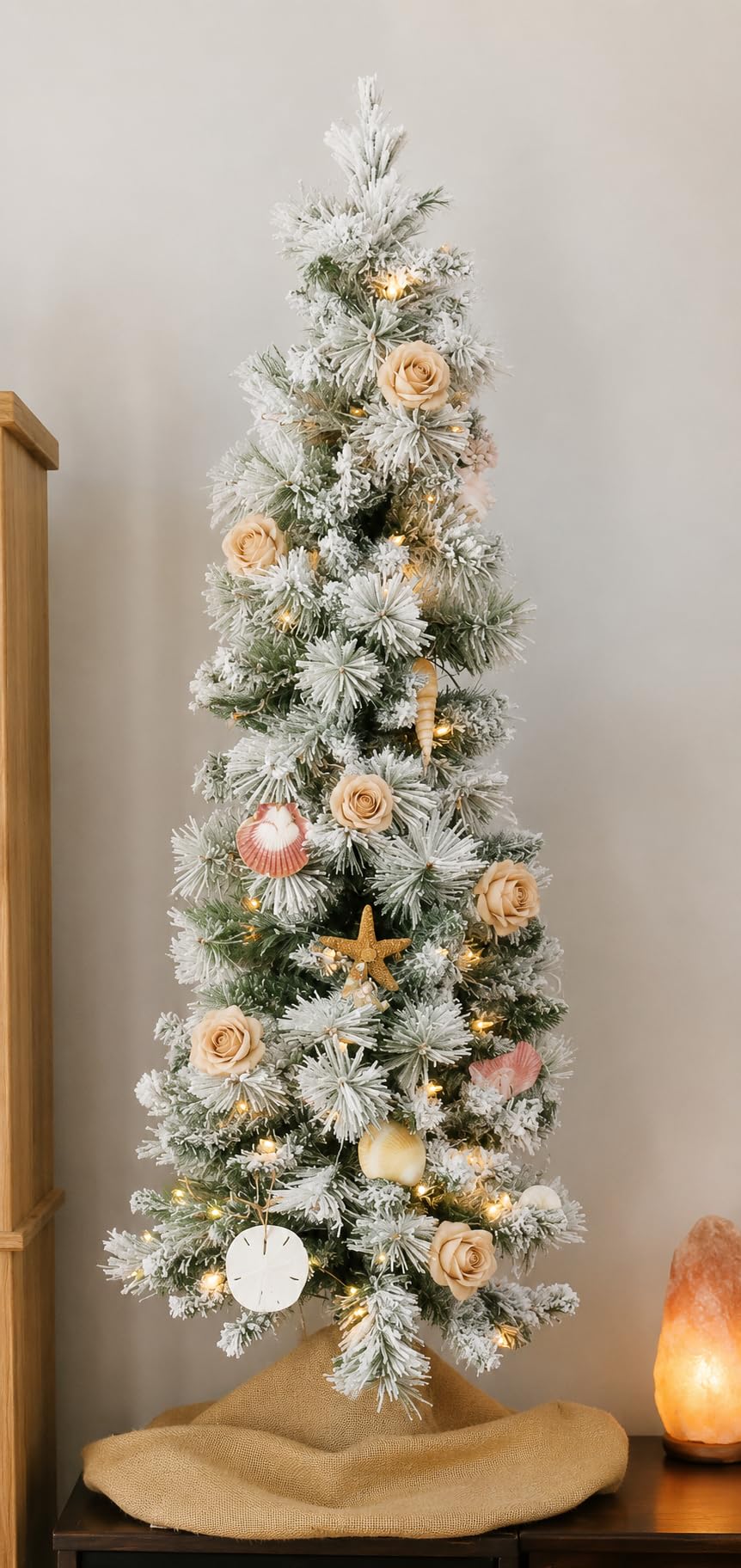 Puleo International 6.5ft Pre-Lit Flocked Portland Pine Pencil Christmas Tree with 300 Clear Lights, 410 Realistic Dense Snow Flocked Branch Tips, Easy Setup Artificial Trees with Sturdy Metal Stand customer photo 2