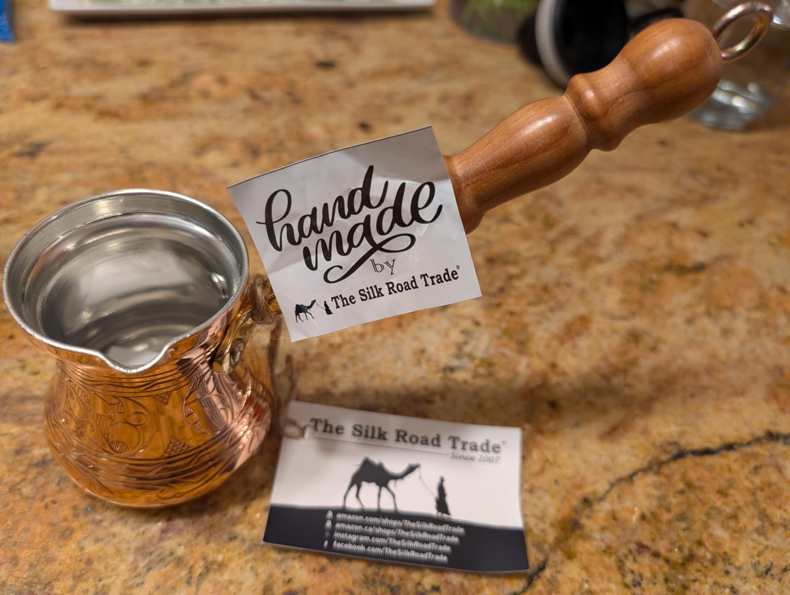 PC Series (Large - 14 fl oz) - Thickest Solid Copper Engraved Turkish Greek Arabic Coffee Pot Wooden Handle Heavy Duty, Stovetop Coffee Maker, Jazzve, Cezve, Ibrik with Hammered Base customer photo 1