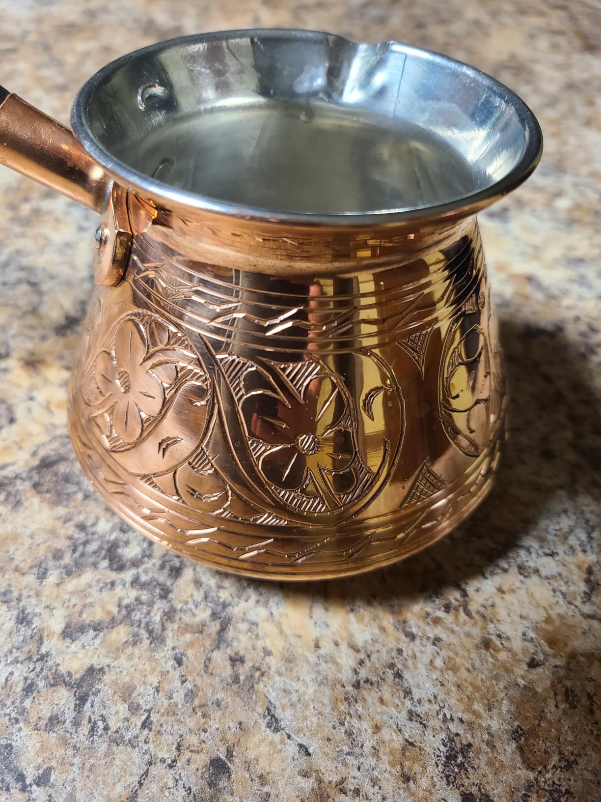 DEMMEX Copper Turkish Coffee Pot Cezve Ibrik Greek Coffee Briki Stovetop Coffee Maker with Wooden Handle & Spoon, 1mm Thick Copper, Handmade & Engraved in TURKEY, 9 fl Oz - 3 Servings customer photo 2