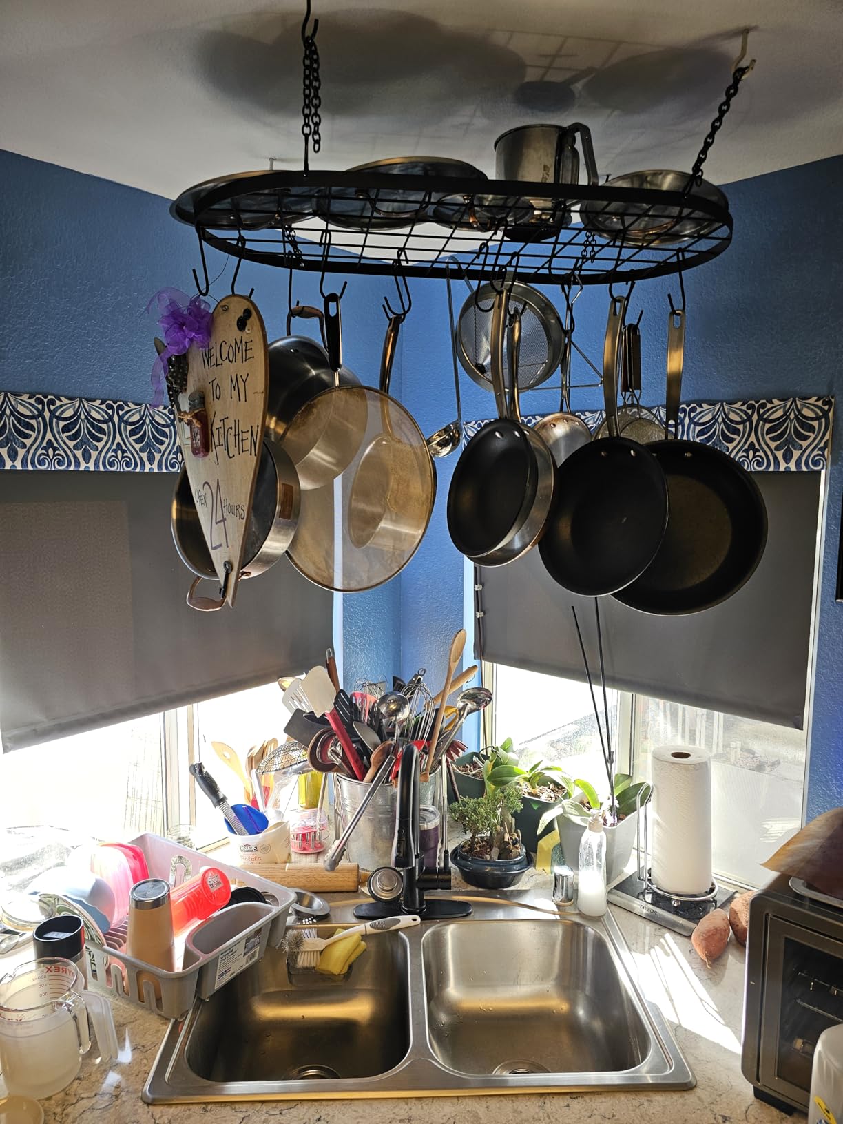 Vdomus Hanging Pot Rack - Ceiling Mount Kitchen Organizer for Pots and Pans with 15 Hooks - 33 x 17 Inches Heavy-Duty, Durable and Space-Saving Pan Holder - Silver customer photo 2