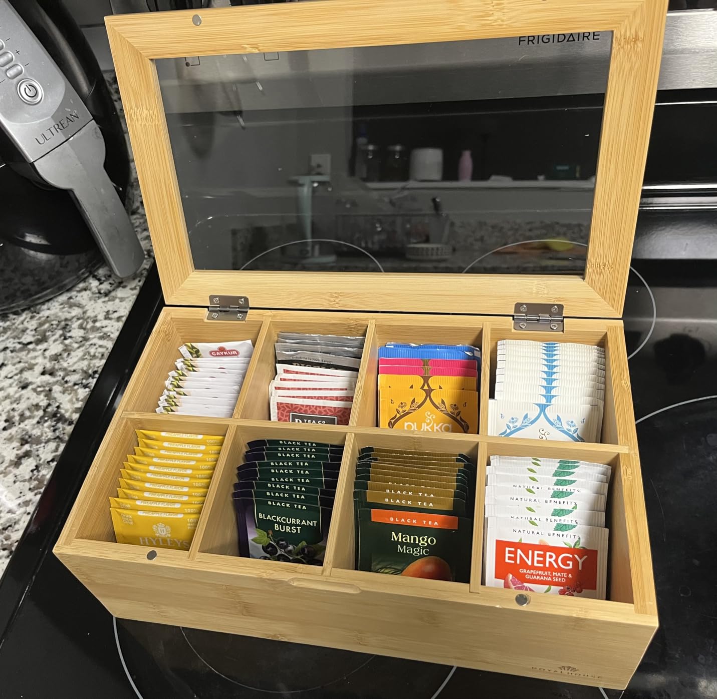 Natural Bamboo Tea Storage Organizer, Clear Acrylic Top, 12 Compartments customer photo 1