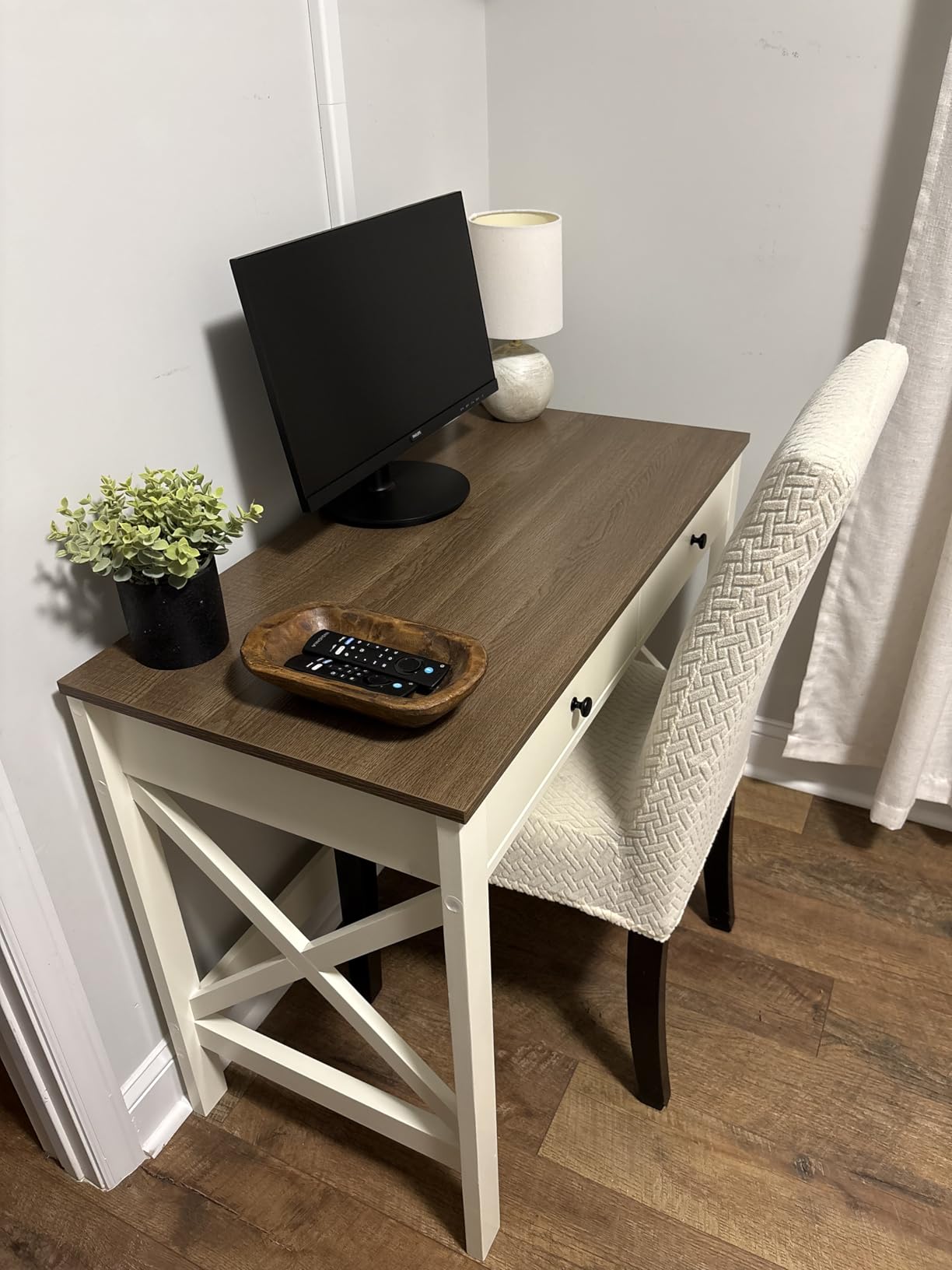 ChooChoo 39.4 Inches Farmhouse Computer Desk with 2 Drawers | Wooden Writing Desk, Study Desk for Home Office, Makeup Vanity, White customer photo 1